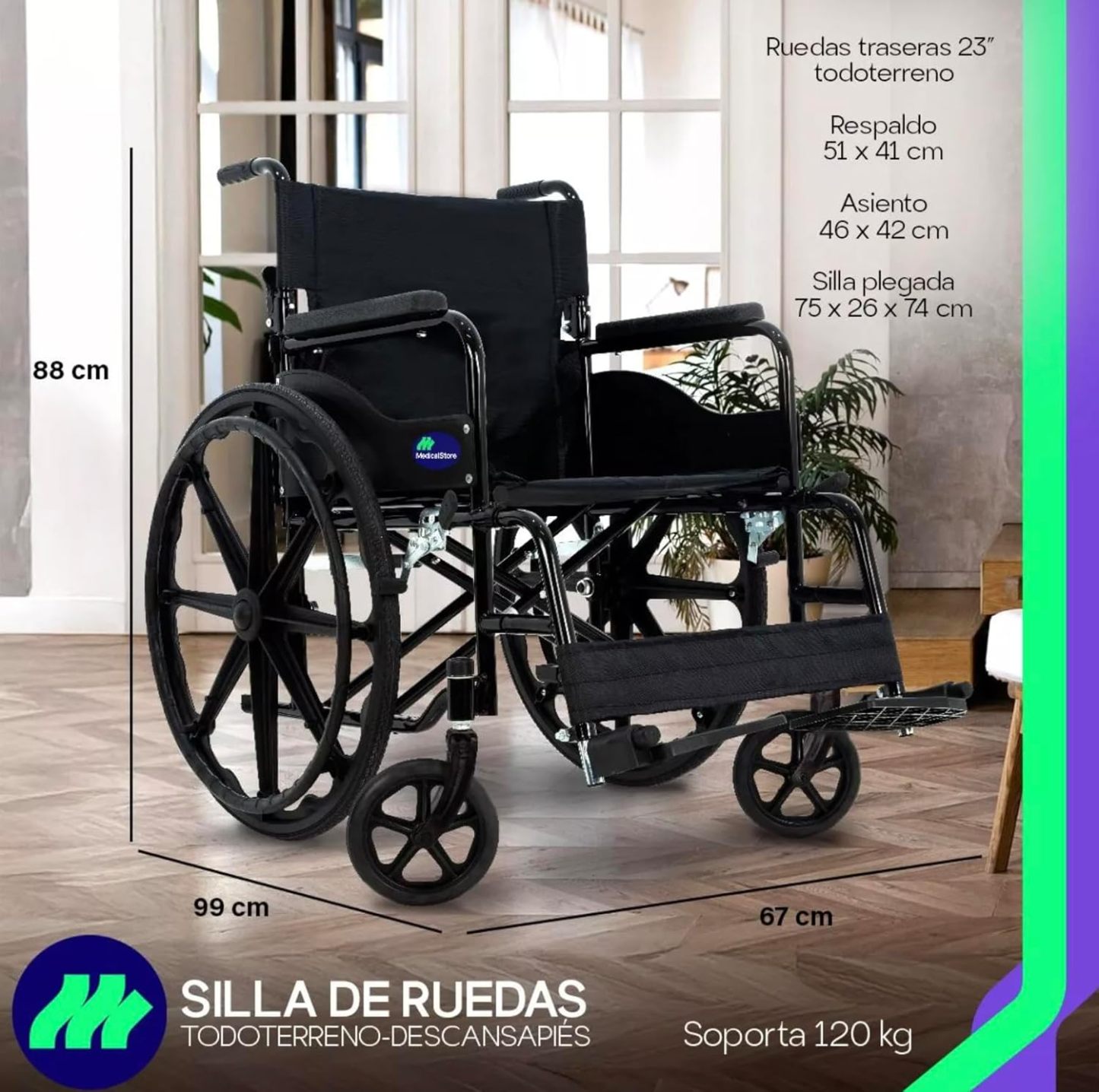 MEDICAL STORE Silla De Ruedas Ligera Adulto Mayor Todo Terreno Traslado Plegable Compacta Con Freno De Mano Rehabilitación Con Descansa Pies Abatible