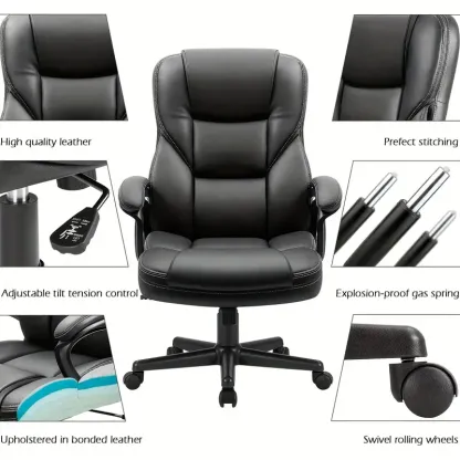 1 ud Silla Ejecutiva Ergo - Lujoso Cuero Sintético, Reposabrazos Ajustables, Soporte Lumbar, Giro de 360°, Función de Inclinación 90°-120°, Altura Ajustable 17.2"-21.2", Respaldo de 24.8", Acabado Negro Elegante
