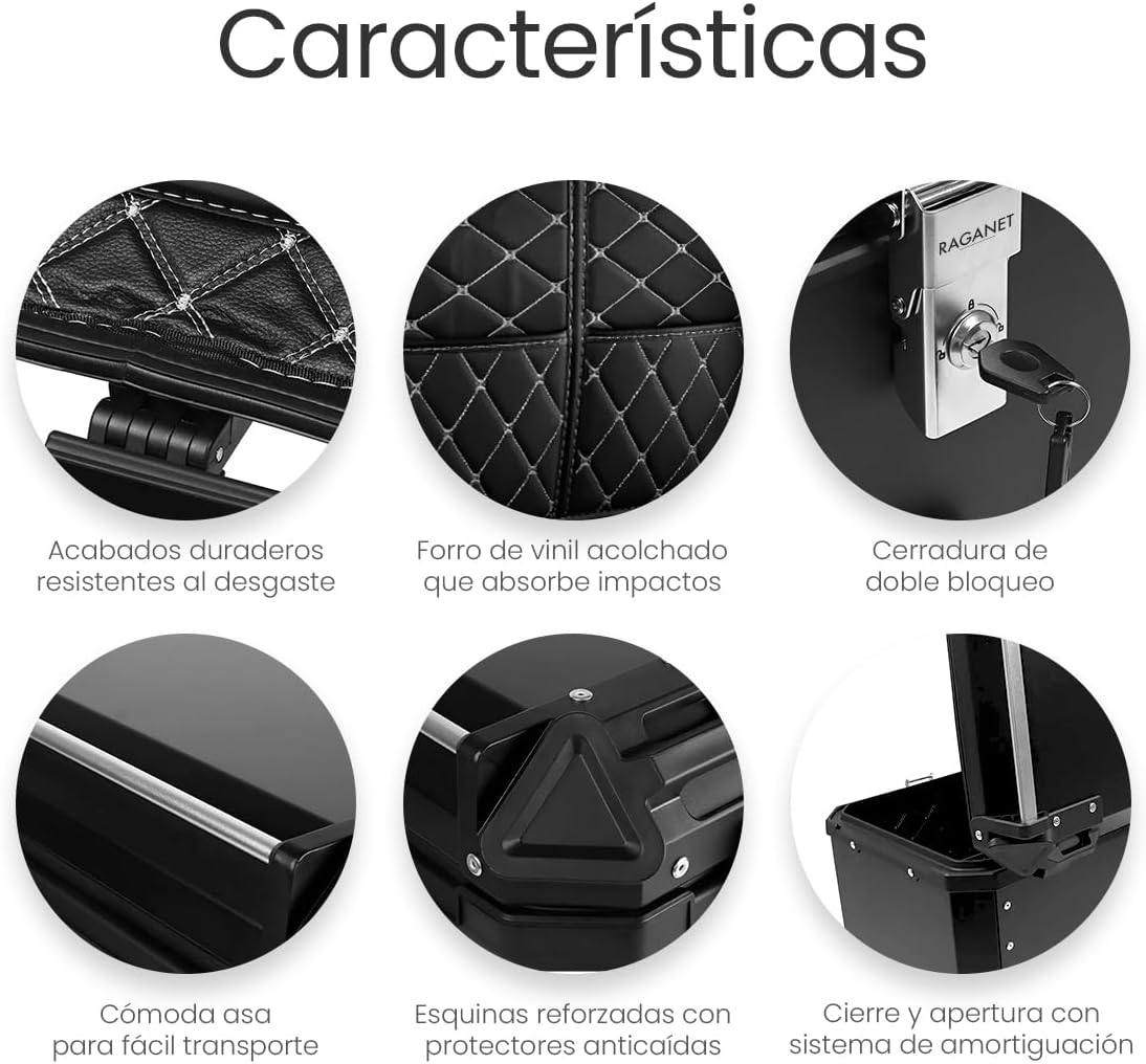 Raganet, Cajuela Profesional para Motocicletas, Maletero de Moto con Interior Forrado de Vinil, Cerradura de Doble Bloqueo, Esquinas Reforzadas, Medidas: 42cm X 34cm, Incluye Material de Montaje