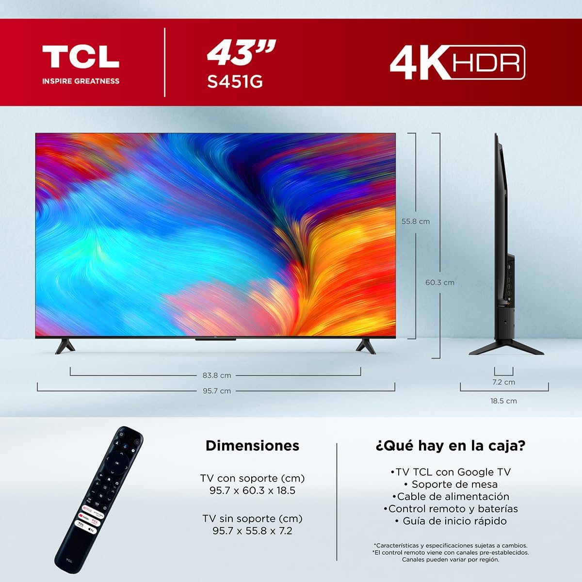 TCL Smart TV Pantalla 55" 55S451G Google TV 4K UHD Ultra HD | HDR 10 | 270 NITS 60 Hz | Dolby Audio Digital + | Compatible con Alexa