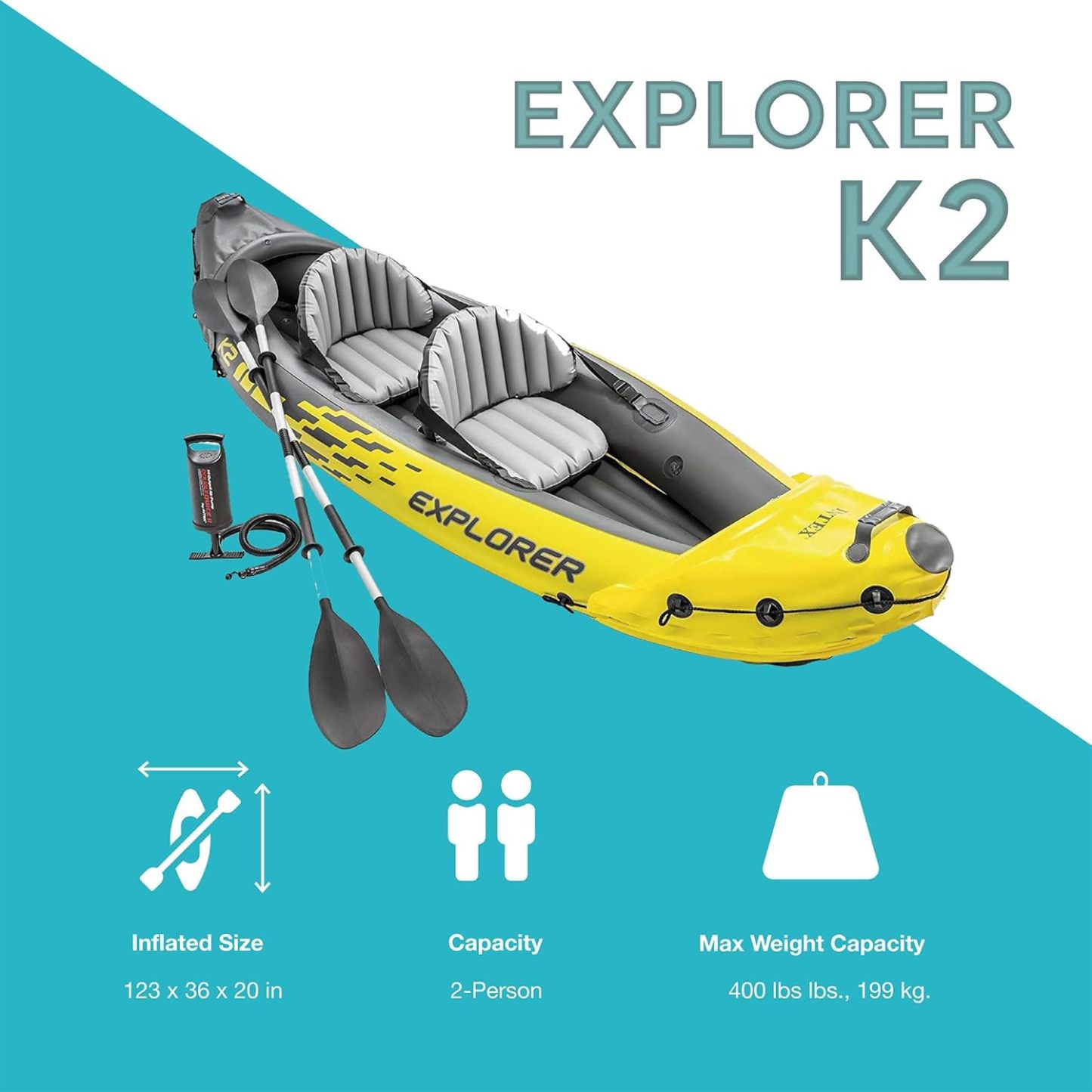 Intex 68307EP Explorer K2 Inflatable Kayak Set: Includes Deluxe 86in Aluminum Oars and High-Output Pump – SuperStrong PVC – Adjustable Seats with Backrest – 2-Person – 400lb Weight Capacity