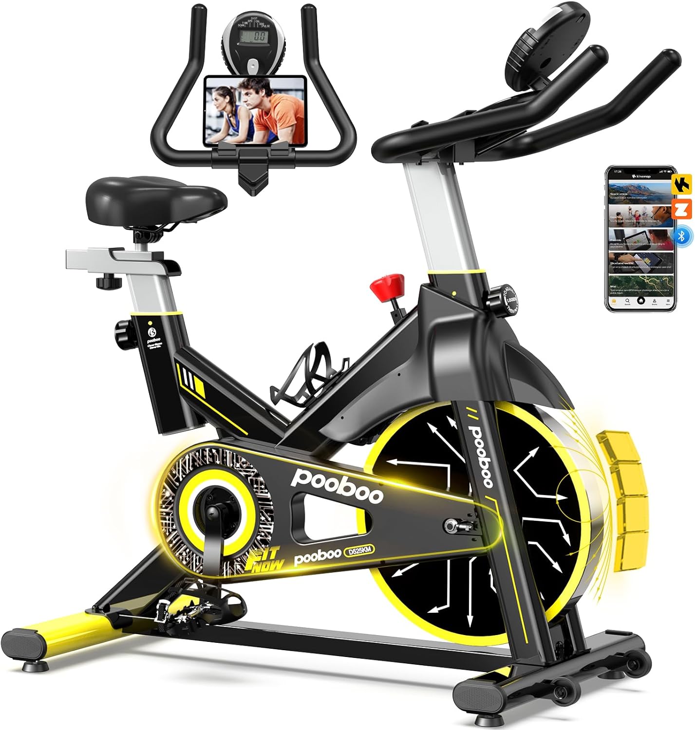 Pooboo - Bicicleta estática ajustable, magnética/almohadilla de freno, silenciosa transmisión por correa, bicicleta de ciclismo interior para el hogar, cardio, bicicleta estacionaria de fitness con