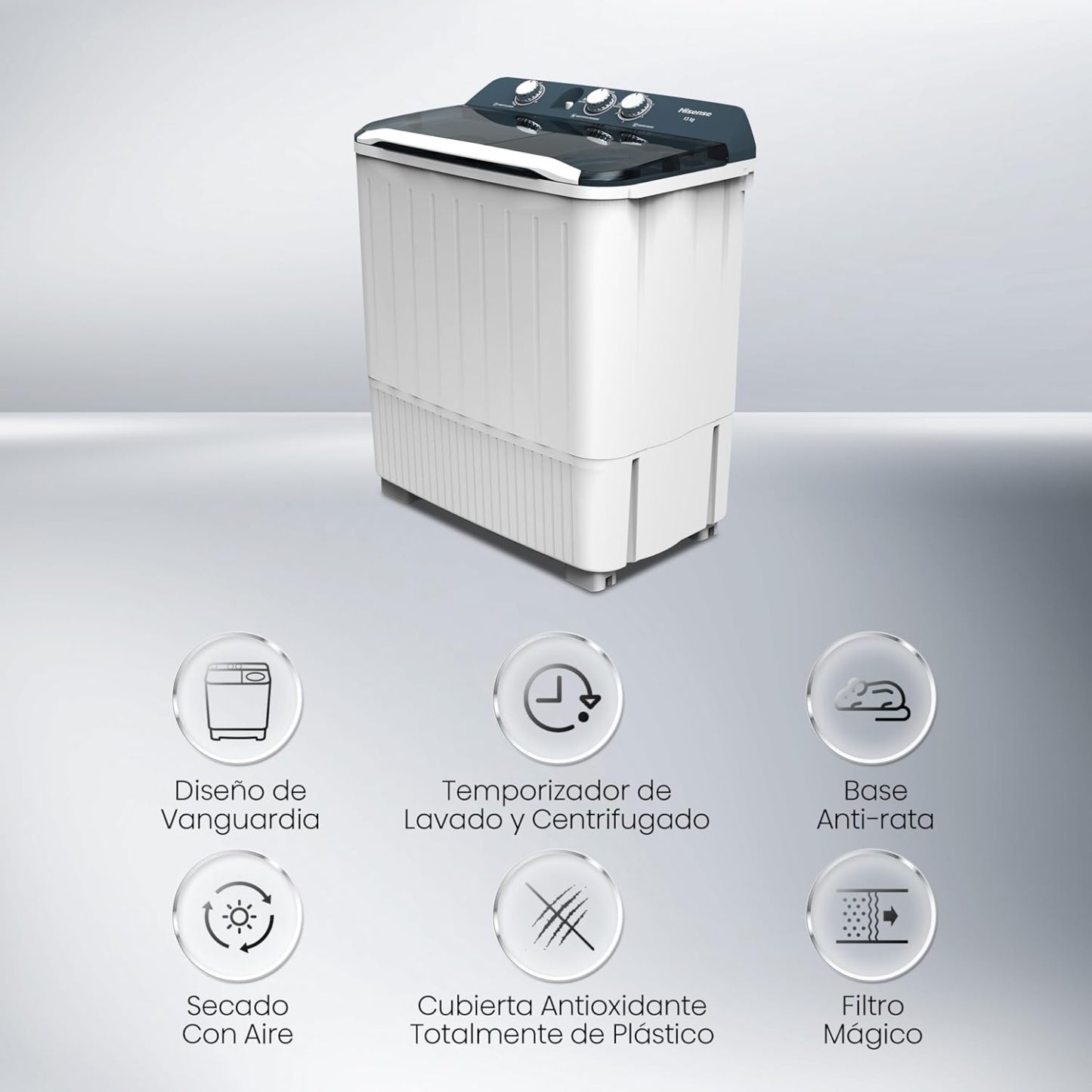Hisense WSA1102PCN Lavadora Semiautomatica Doble Tina 11 Kg, Blanco/Gris