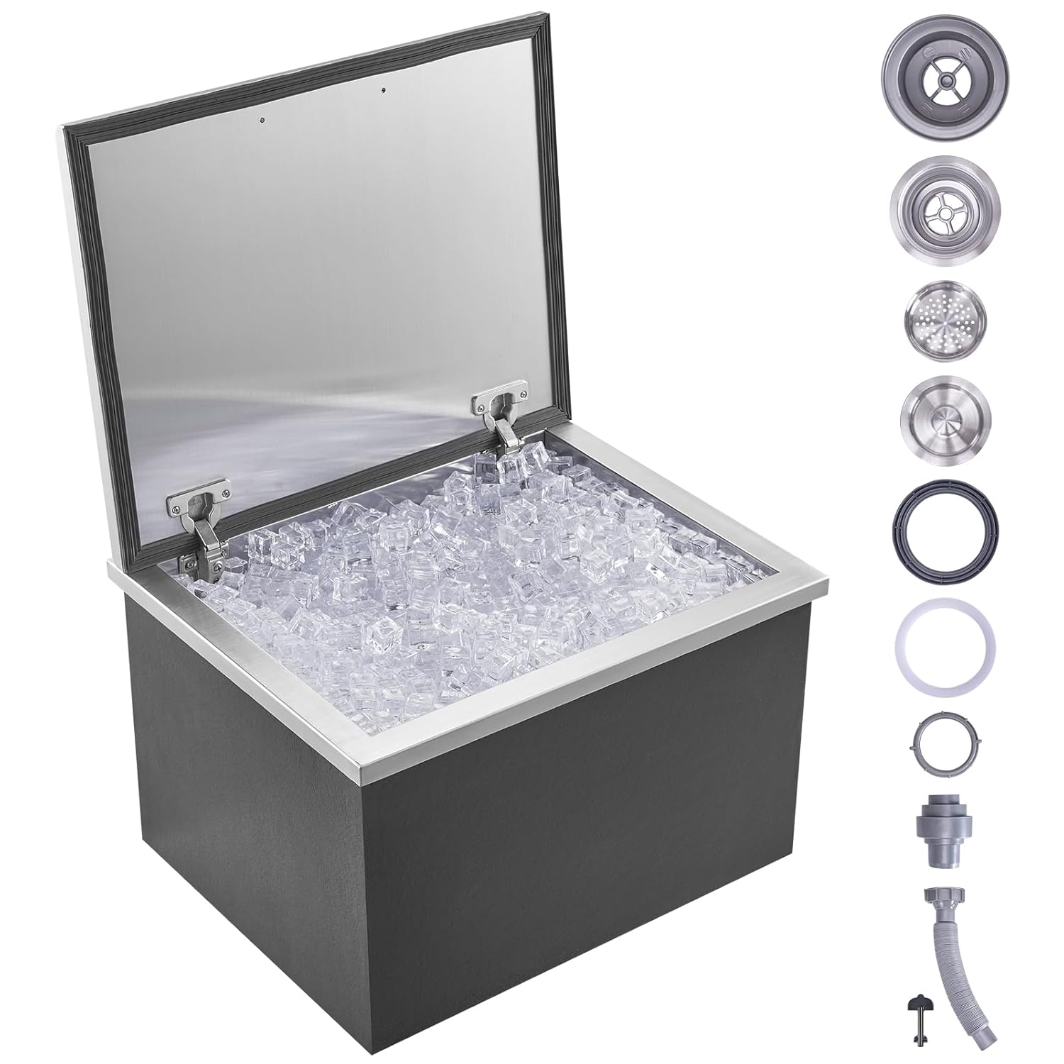 VEVOR - Cofre de Hielo de 20 Pulgadas de Largo x 16 Pulgadas de Ancho x 13 Pulgadas de Alto, Enfriador de Acero Inoxidable con Barra de Cubierta con bisagras, cubeta de Hielo de 40.9 Cuartos de galón
