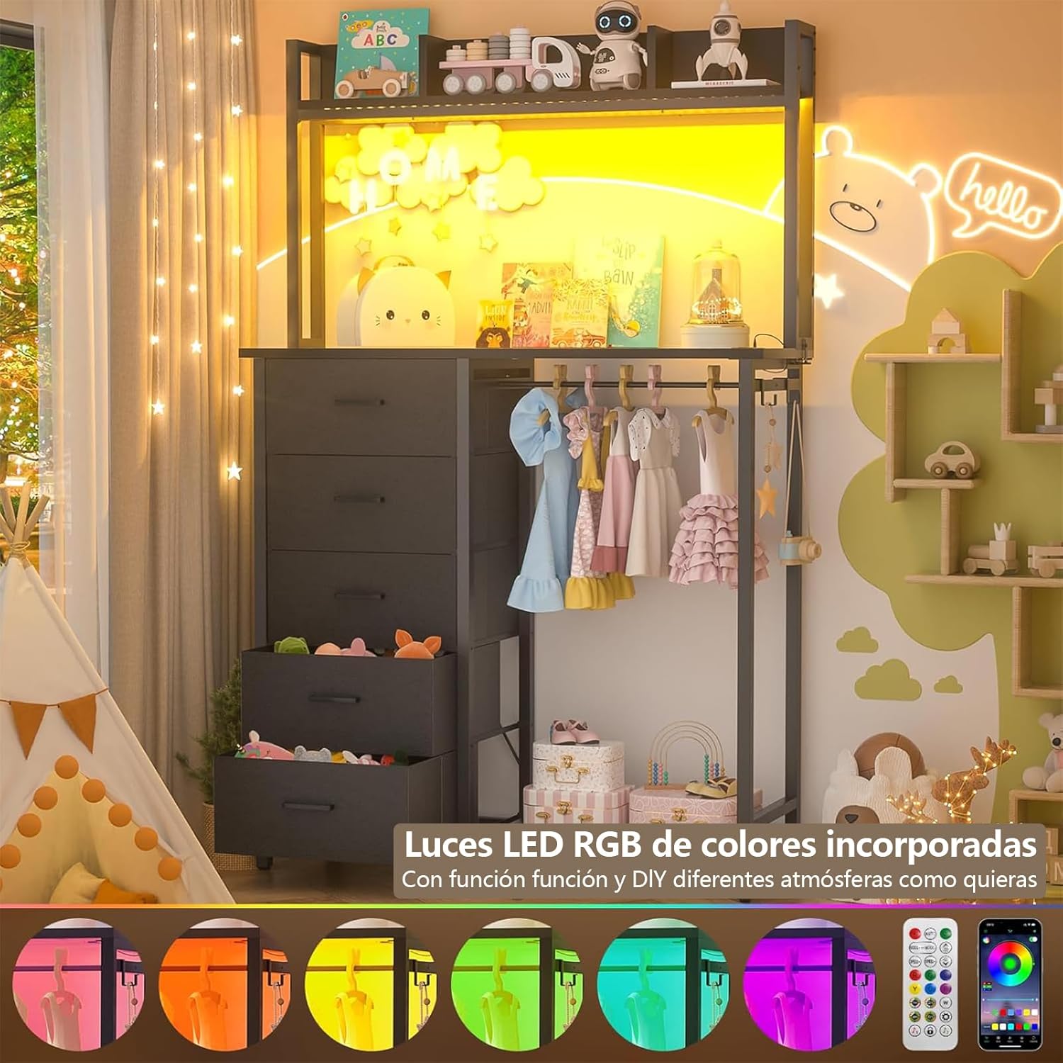 Comoda Cajonera para Recamara,Cómoda con Percheros Integrados de 5 Niveles,180x100x40 cm, Armario Multifuncional con Luces RGB, 3 Enchufes + 2 USB y Control Remoto (Rosa)
