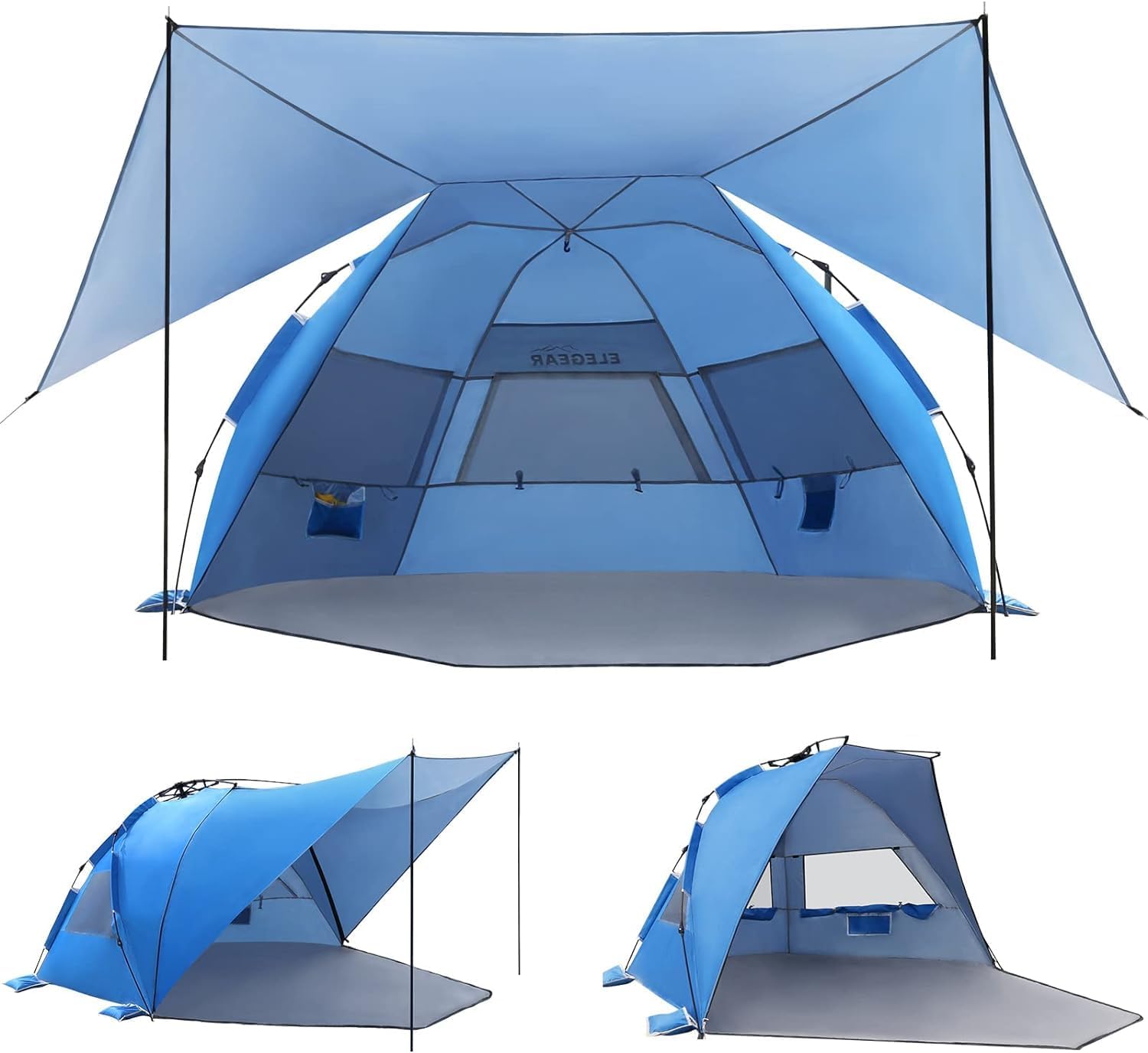 Elegear Tienda para Playa con UPF 50+ Refugio Solar de Playa Ligero, Instantáneo Portátil Carpa para Playa Camping, Tienda Sombra con Cremallera Extendida para Camping de Playa, Azul