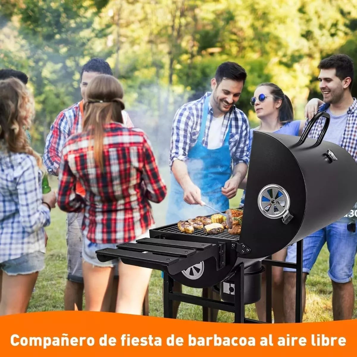 Asador de Carbon con Funda Antipolvo y Cepillo, Parrilla de Carbón con Temperatura Controlada en Forma de Barril, Parrilla de Patio Trasero Fiesta Barbacoa, Camping Grill Doble Capa