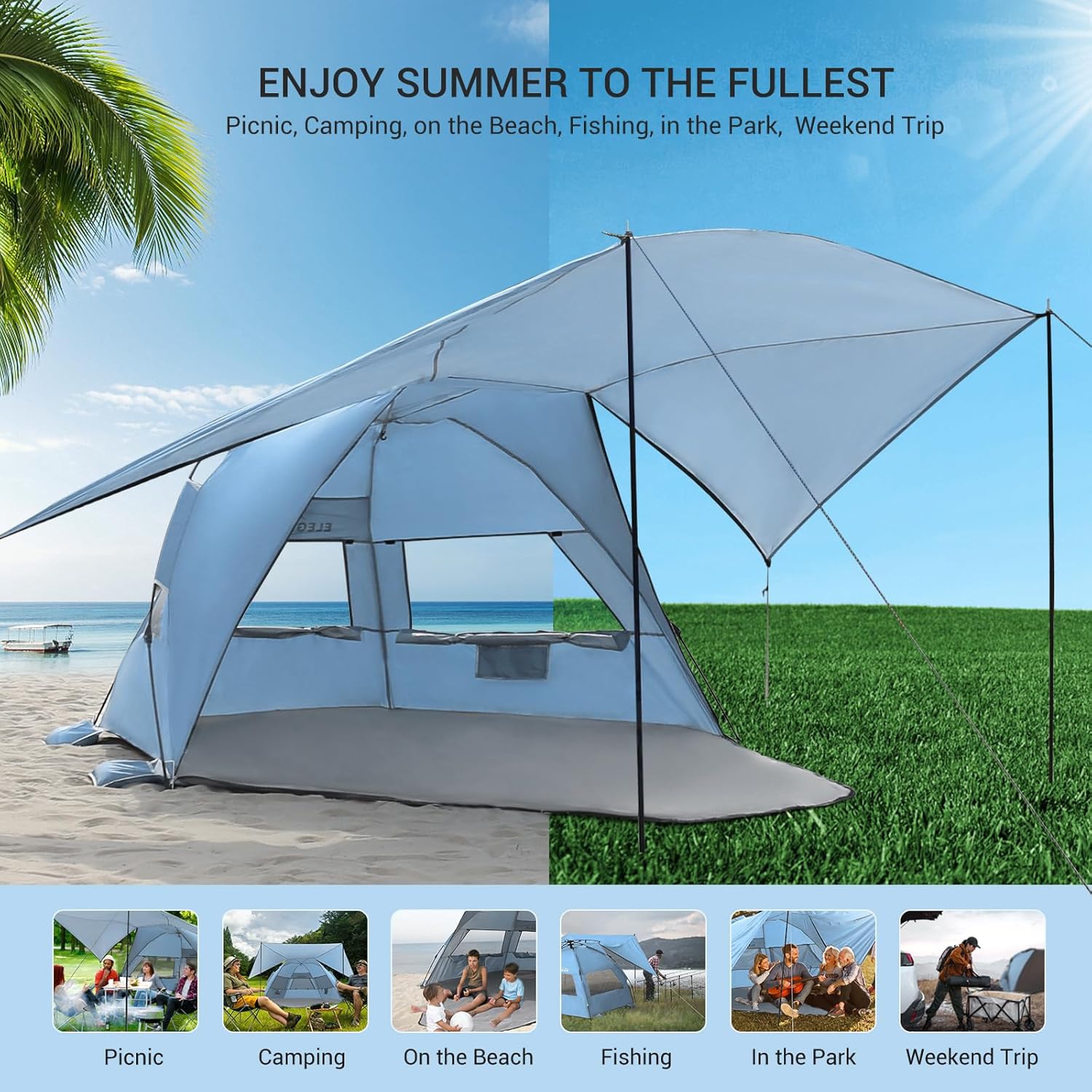 Elegear Tienda para Playa con UPF 50+ Refugio Solar de Playa Ligero, Instantáneo Portátil Carpa para Playa Camping, Tienda Sombra con Cremallera Extendida para Camping de Playa, Azul