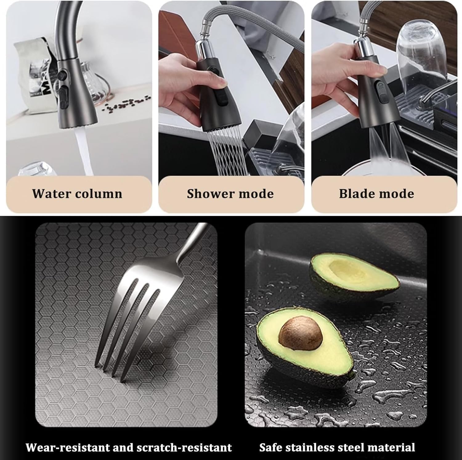Fregadero De Cocina De Lujo Acero Inoxidable De Una Tarja 304 negro Fregadero de cascada Cascadas gemelas Con lavavasos y grifo Con lavavasos、grifo、tabla de cortar、escurridor