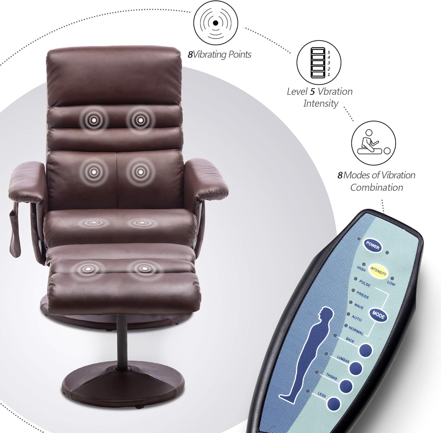 Silla reclinable con otomana, silla reclinable con masaje, silla giratoria de 360 años, piel sintética 7902 (blanco crema)