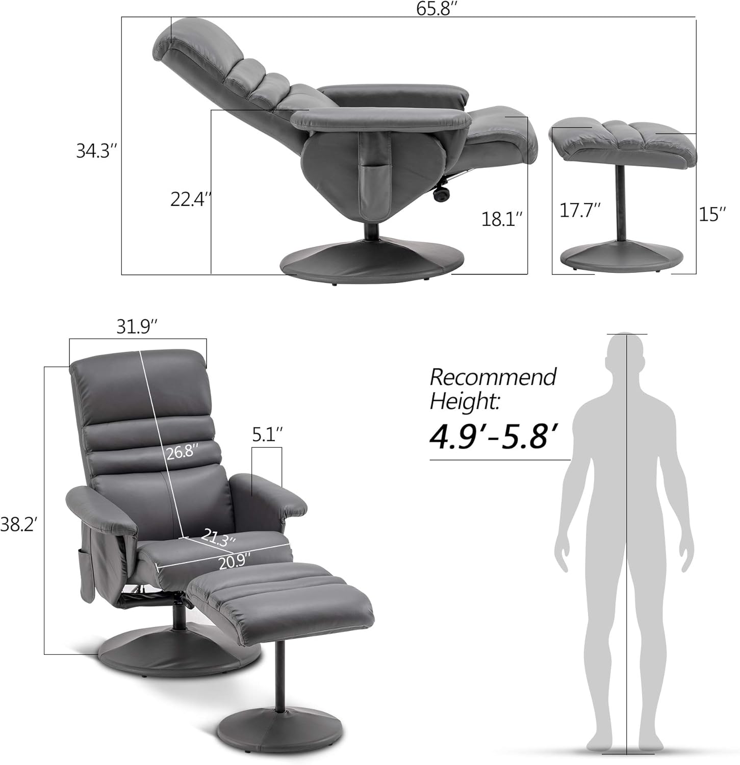 Silla reclinable con otomana, silla reclinable con masaje, silla giratoria de 360 años, piel sintética 7902 (blanco crema)