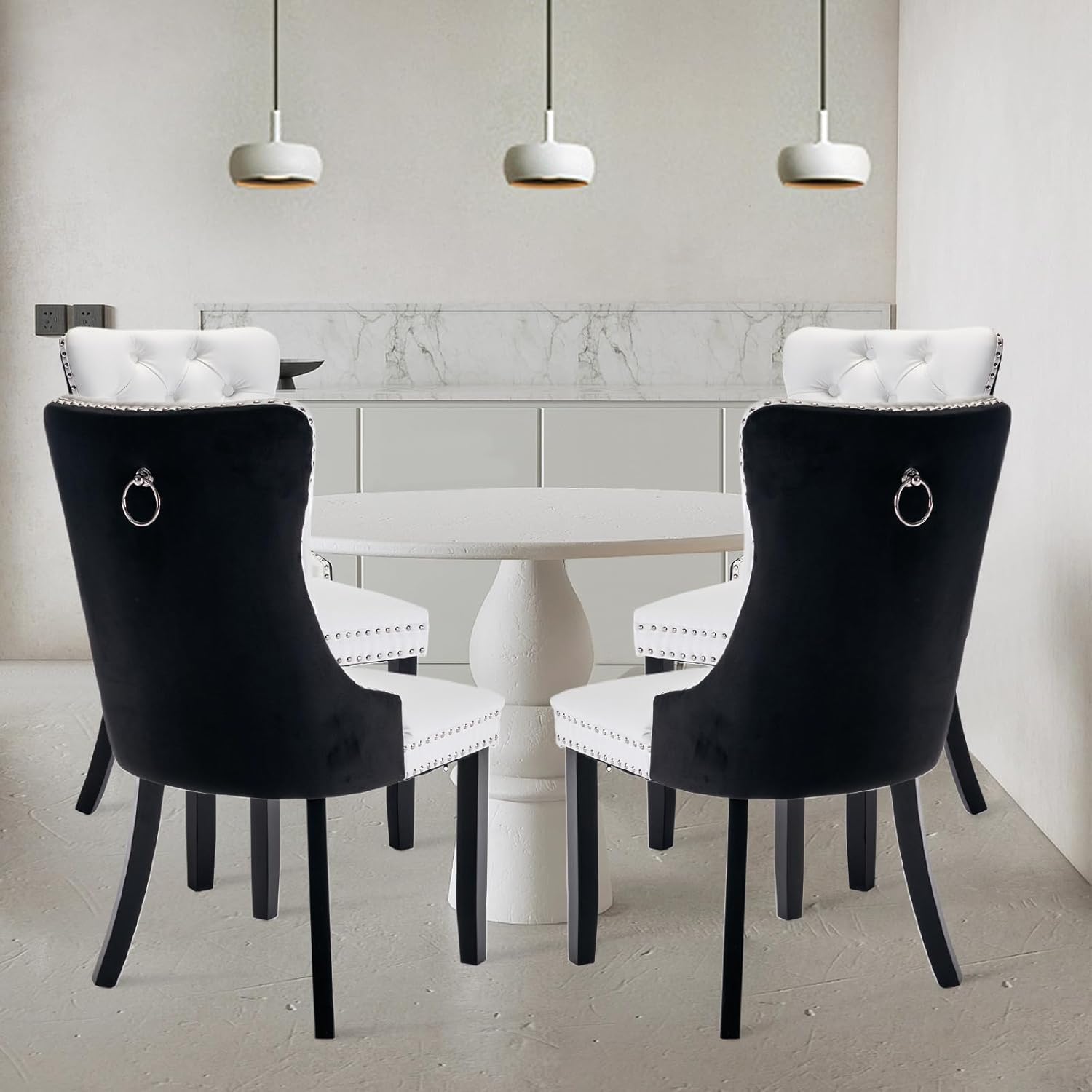 Juego de 6 sillas de comedor tapizadas de piel, estilo moderno, con ribete de cabeza de clavo y pata de madera, anillo de metal para comedor y sala de estar (blanco y negro, juego de 6)