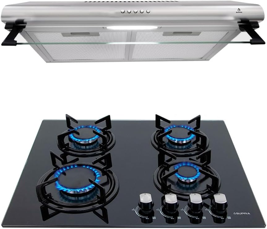 SUPRA Combo empotrable Kalas, Parrilla a gas de 4 quemadores para empotrar de 60 cm Mod. KAYSER, Campana extractora de tipo pared en acero inoxidable de 60 cm Mod. CB-60