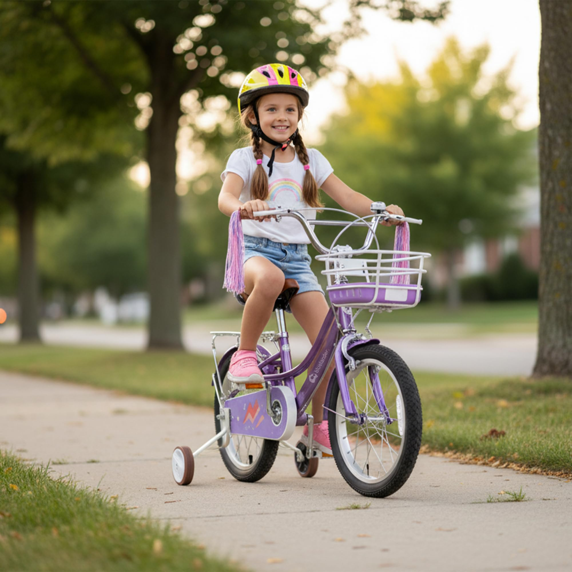 Bluelander Bicicleta Infantil para Niña, Rodada 16 con Ruedas de Entrenamiento, Canastilla, Parrilla Metalica y Salpicadera, Asiento y Manubrio Ajustable, Ideal para Niñas de 4 a 6 Años