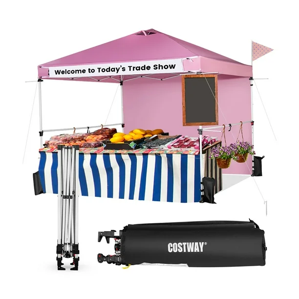 Costway 3 m x 3 m Pabellón Emergente Con Pared Lateral, Carpa Plegable Con Bolsa Enrollable, Barras Cruzadas Colgantes, Cinta para Pancartas, Refugio Portátil de Sombra para Mercado, Patio, Camping