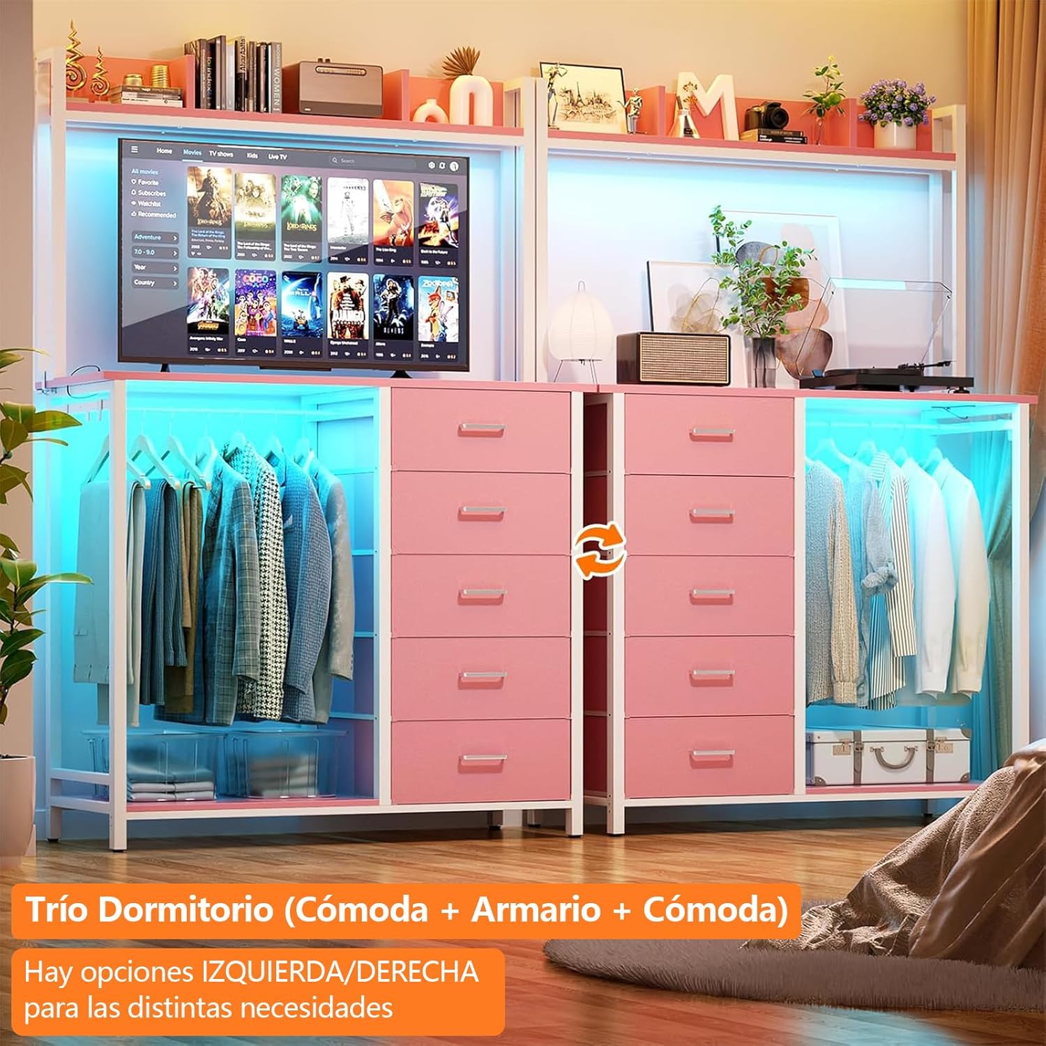Comoda Cajonera para Recamara,Cómoda con Percheros Integrados de 5 Niveles,180x100x40 cm, Armario Multifuncional con Luces RGB, 3 Enchufes + 2 USB y Control Remoto (Rosa)
