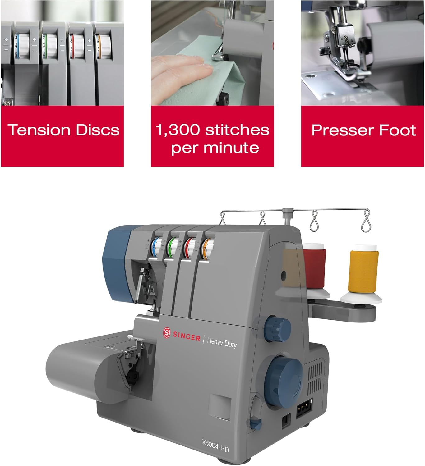 Singer - X5004HD Serger resistente con marco de metal, capacidad para 2/3/4 hilos y cuchillo de corte 60% más grande, costura fácil