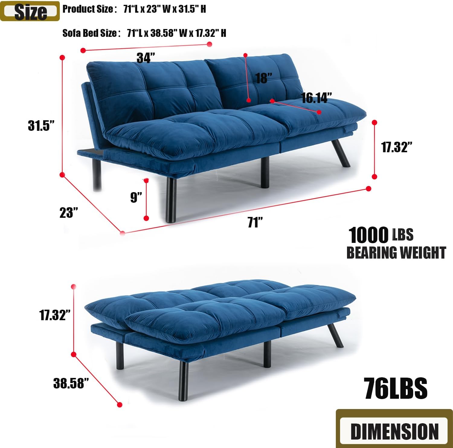 Memory Foam Futon with Adjustable Armrests , Camel Faux Suede Fabric for Adults