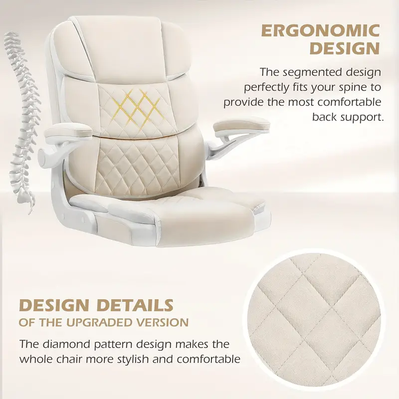 Silla de Oficina Ergonómica de Terciopelo Beige con Soporte Lumbar, Apoyabrazos Ajustables y Base Giratoria - Silla de Escritorio Ejecutiva Cómoda para el Hogar, Estudio o Dormitorio
