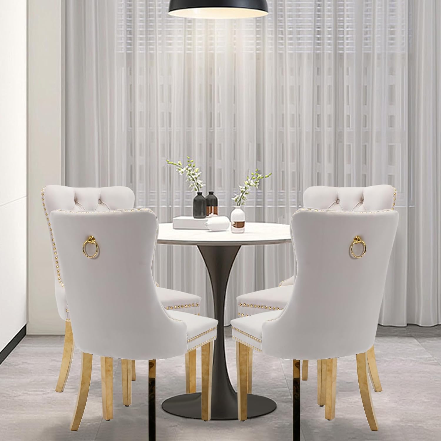 Juego de 6 sillas de comedor tapizadas de piel, estilo moderno, con ribete de cabeza de clavo y pata de madera, anillo de metal para comedor y sala de estar (blanco y negro, juego de 6)