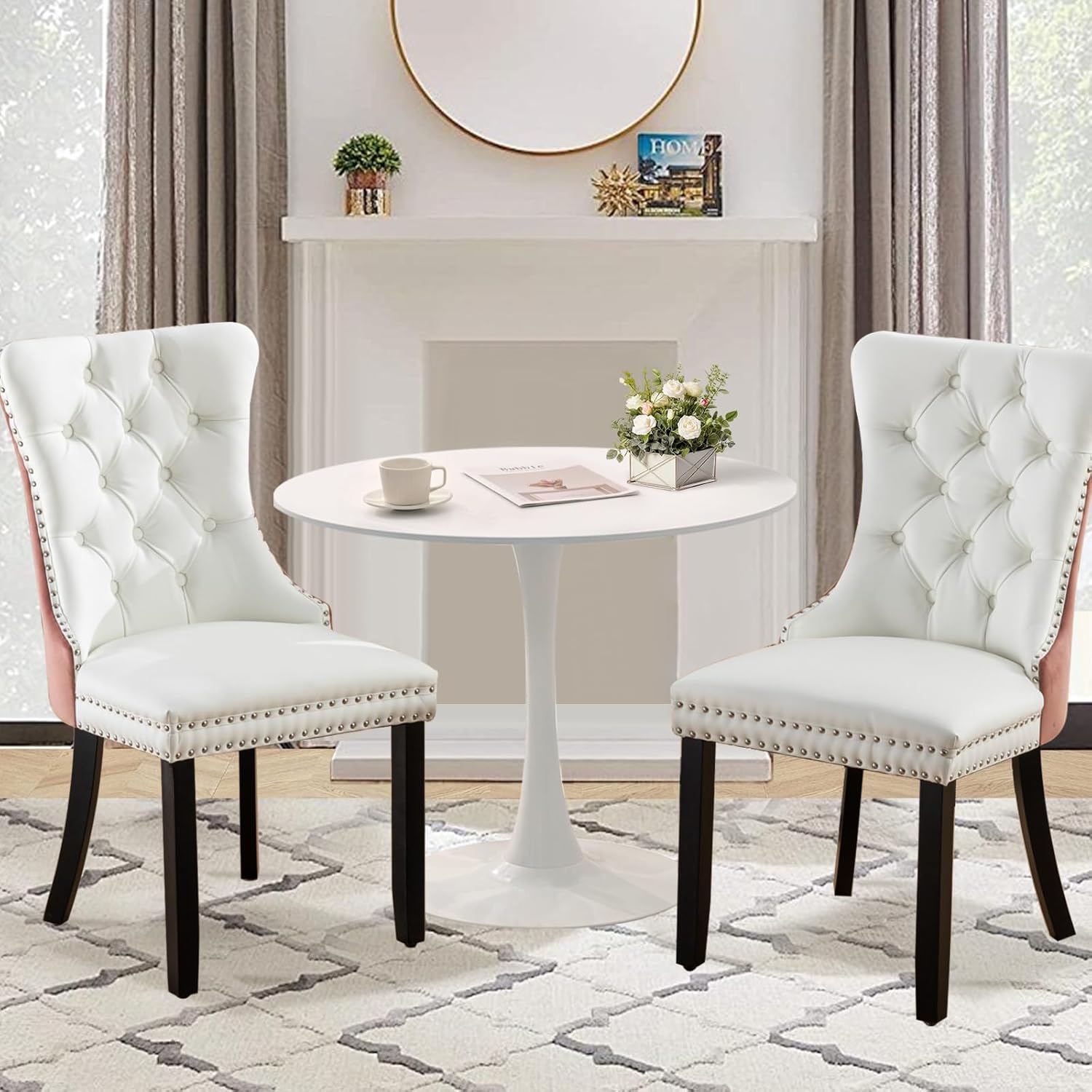 Juego de 6 sillas de comedor tapizadas de piel, estilo moderno, con ribete de cabeza de clavo y pata de madera, anillo de metal para comedor y sala de estar (blanco y negro, juego de 6)