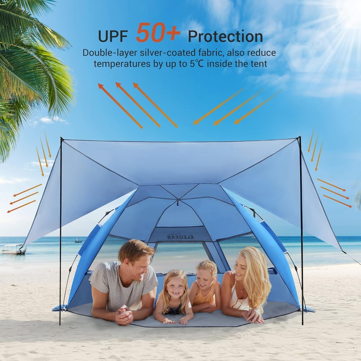 Elegear Tienda para Playa con UPF 50+ Refugio Solar de Playa Ligero, Instantáneo Portátil Carpa para Playa Camping, Tienda Sombra con Cremallera Extendida para Camping de Playa, Azul