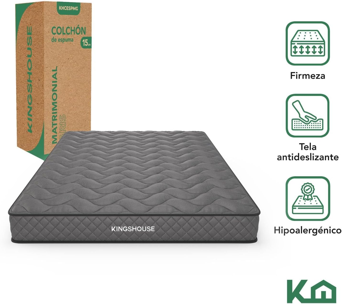 Kingshouse | Colchón en Caja Matrimonial Color Gris - Espuma de Alta Densidad - (LAxANxAL) 190x135x15 cm - Antiácaros e Hipoalergénico - Memory Foam, Adaptable y Suave - Firmeza Justa