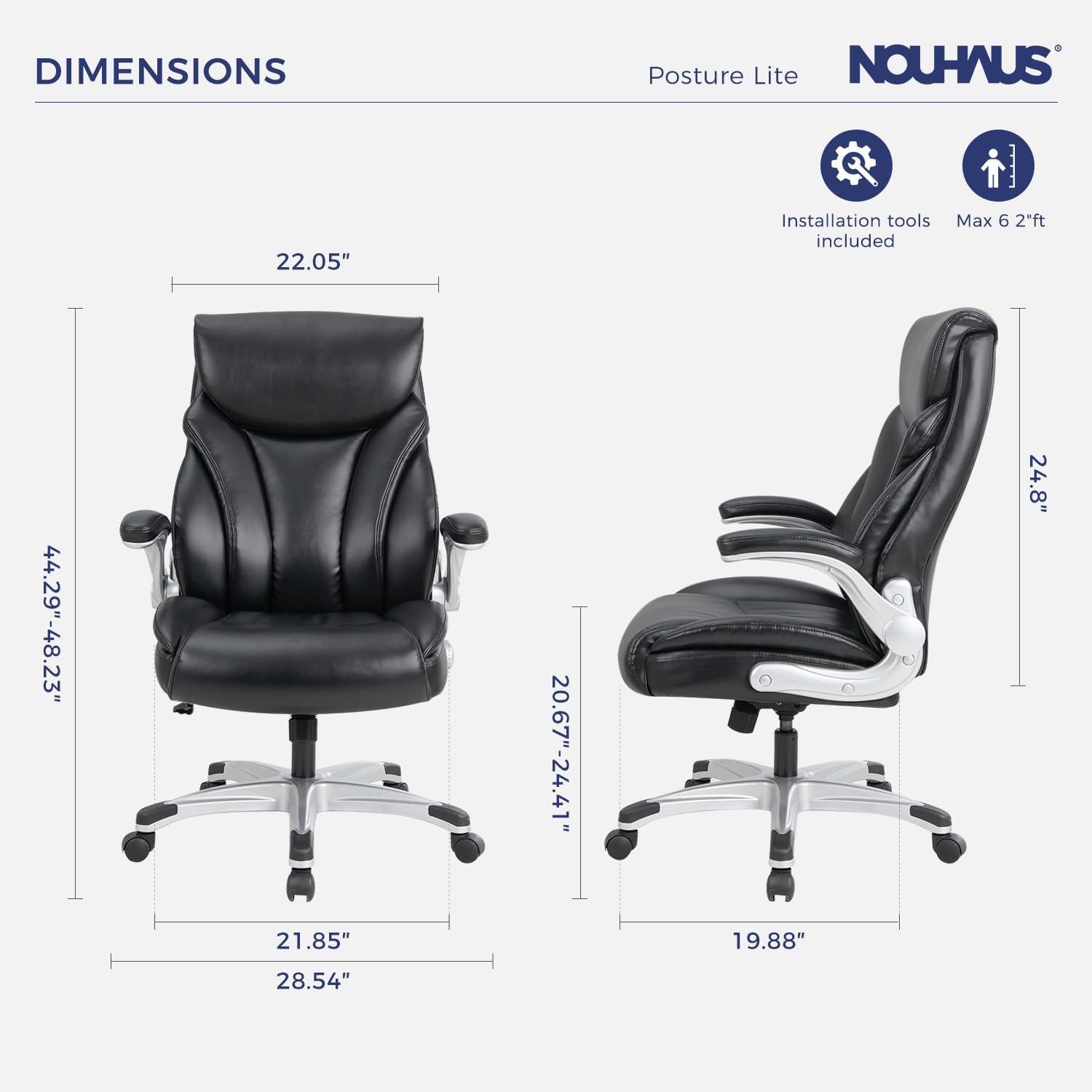 Nouhaus - Silla de oficina grande y alta con soporte lumbar, silla de oficina ergonómica de piel sintético, silla de computadora ejecutiva con reposabrazos ajustables (Posture Lite, blanco)