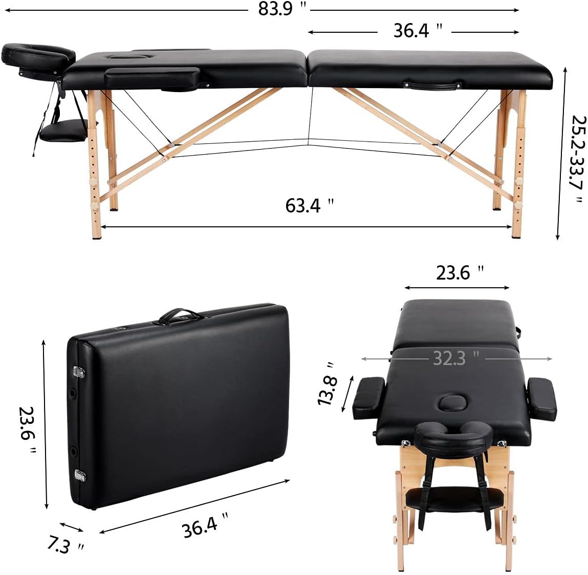 Yaheetech Mesas de masaje, cama de masaje portátil, mesa de terapia de masaje, cama de spa de 84 pulgadas, ajustable, 2 pliegues, cama de salón con bolsa no tejida, color negro