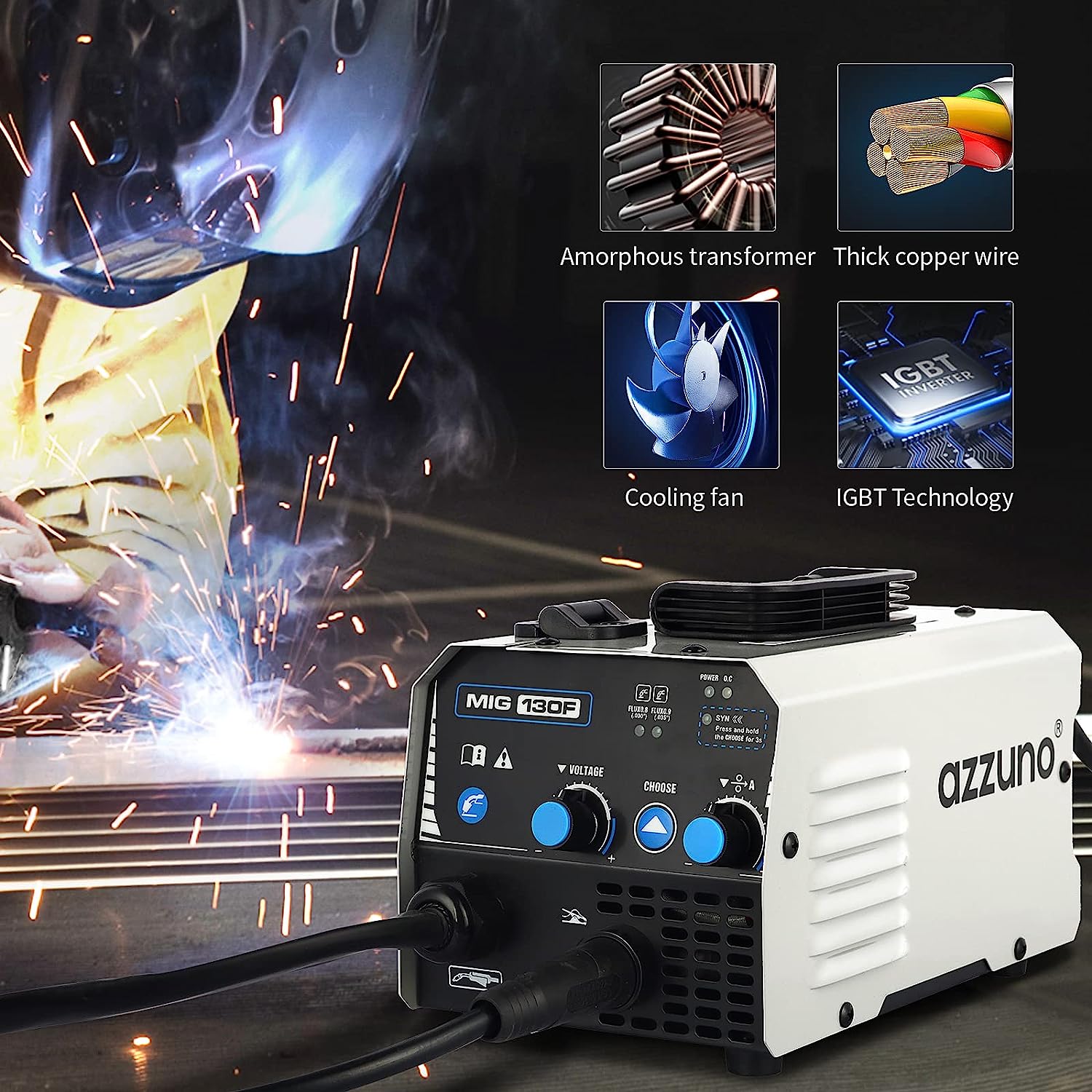 AZZUNO Soldador Mig, Soldador De Núcleo De Flujo 130 Amp 110 V Máquina De Soldadura Mig Sin Gas Soldador Inversor Igbt Soldador De Alimentación De Alambre Portátil (Voltios, 110)