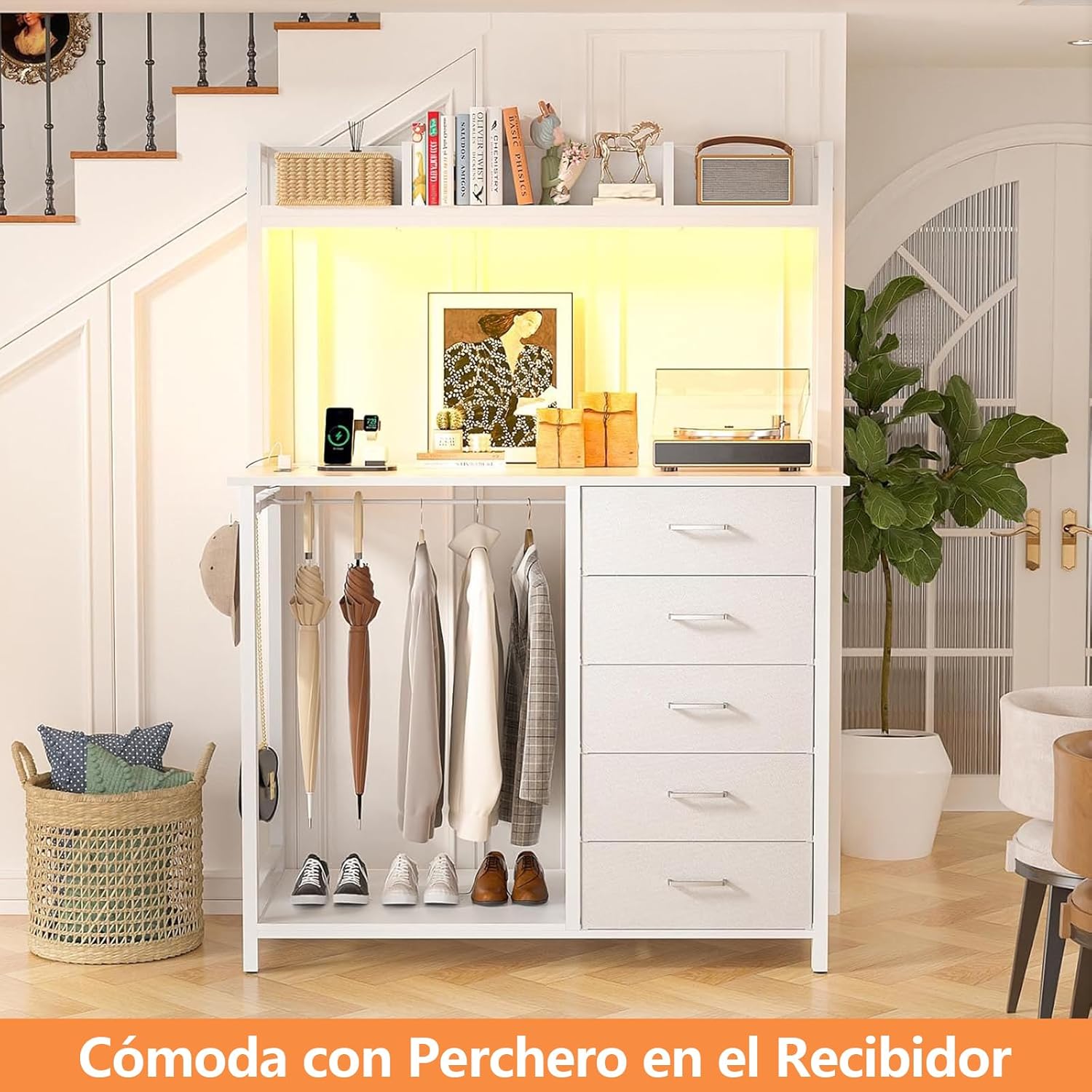 Comoda Cajonera para Recamara,Cómoda con Percheros Integrados de 5 Niveles,180x100x40 cm, Armario Multifuncional con Luces RGB, 3 Enchufes + 2 USB y Control Remoto (Rosa)