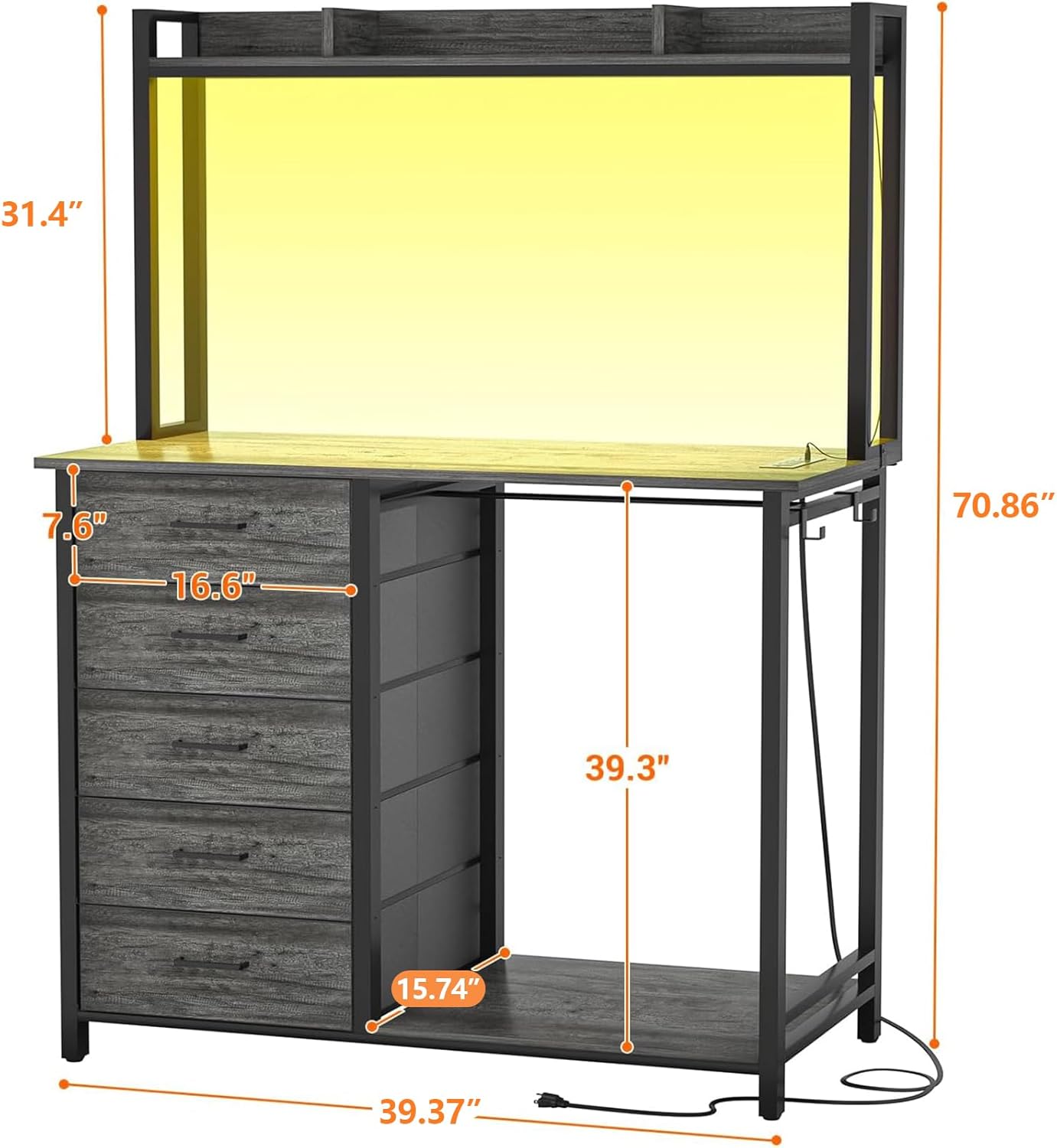 Comoda Cajonera para Recamara,Cómoda con Percheros Integrados de 5 Niveles,180x100x40 cm, Armario Multifuncional con Luces RGB, 3 Enchufes + 2 USB y Control Remoto (Rosa)