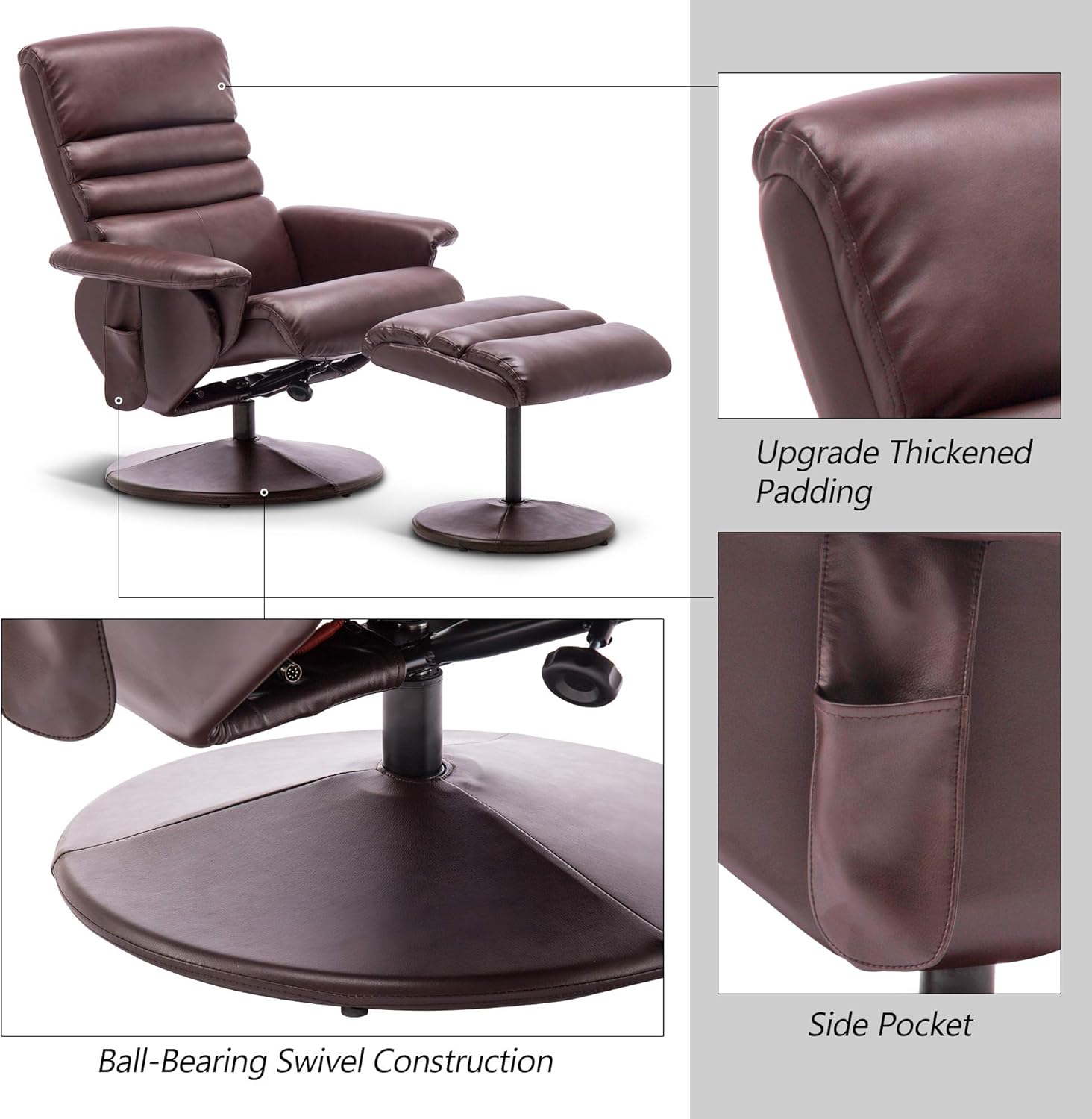 Silla reclinable con otomana, silla reclinable con masaje, silla giratoria de 360 años, piel sintética 7902 (blanco crema)