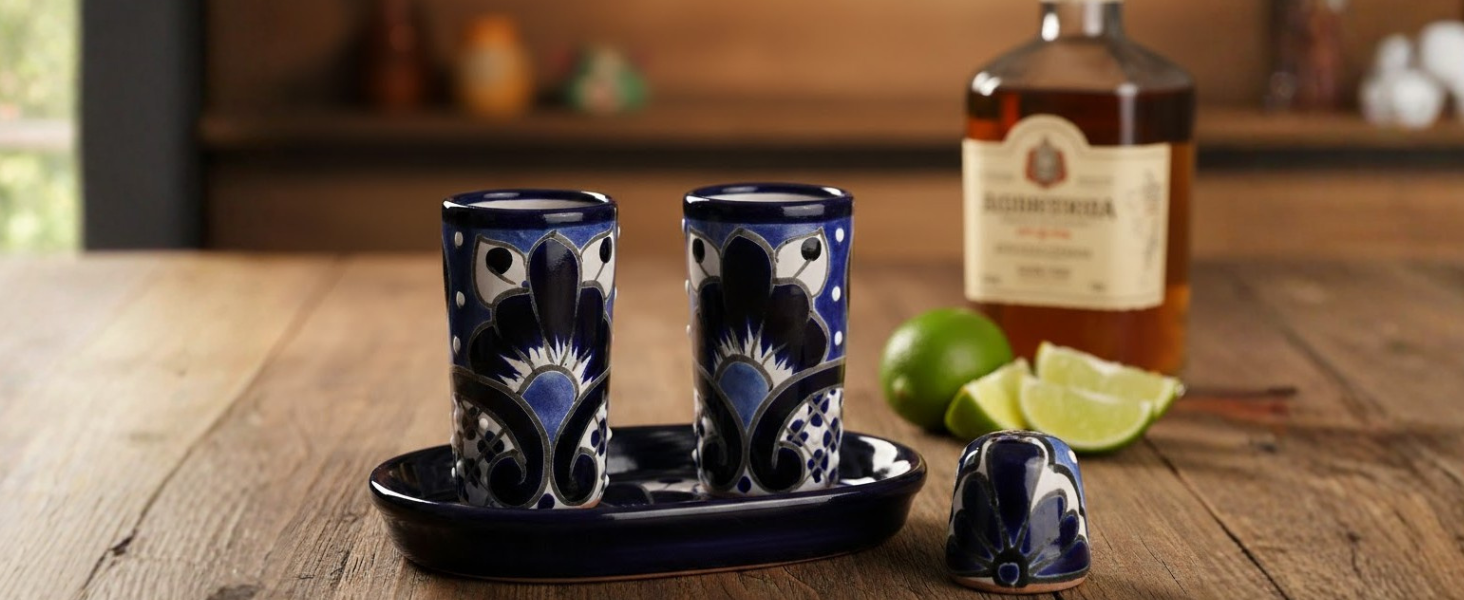 Juego de vasos de chupito Talavera Azul Mextequil