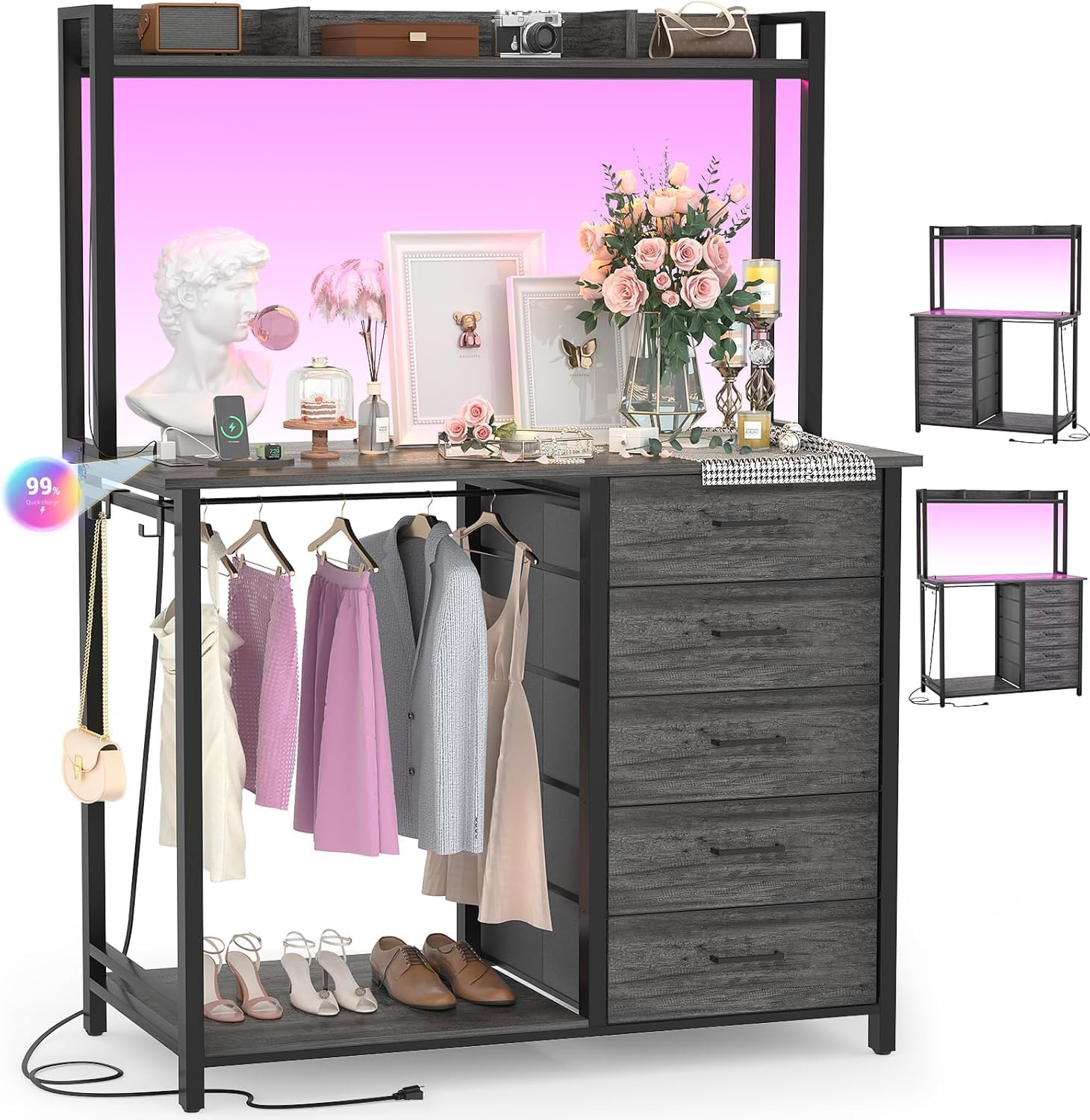Comoda Cajonera para Recamara,Cómoda con Percheros Integrados de 5 Niveles,180x100x40 cm, Armario Multifuncional con Luces RGB, 3 Enchufes + 2 USB y Control Remoto (Rosa)