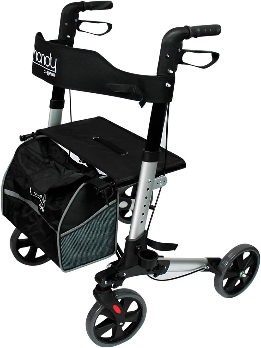 Handy AN01 Andadera Plegable con Ruedas y Asiento, Altura Ajustable, Porta Bastón, Frenos, Respaldo y Bolsa, Soporta Hasta 136 Kg, Para Adultos y Personas Mayores