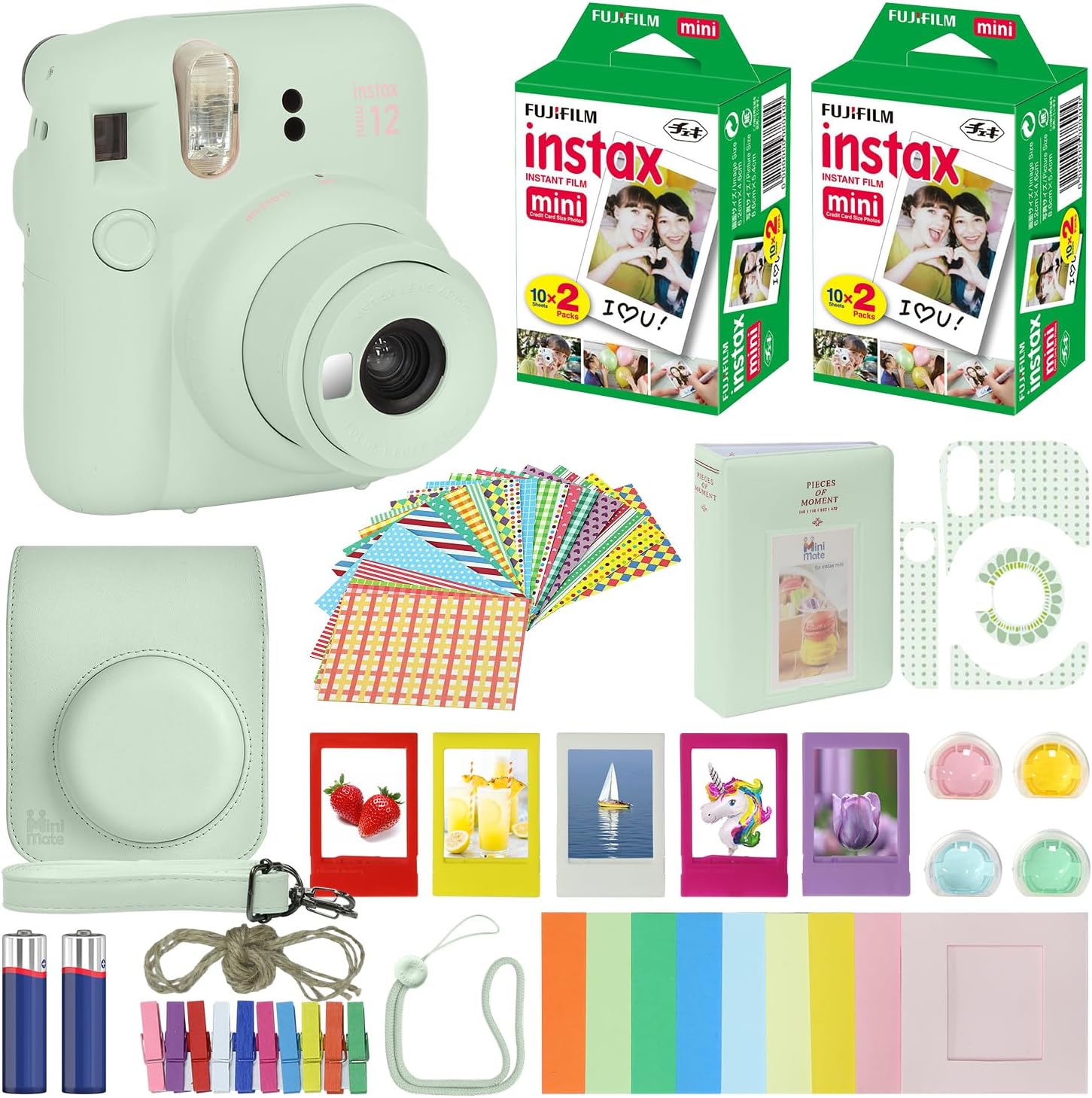 Fujifilm Instax Mini 12 cámara instantánea lila púrpura + estuche de transporte + Fuji Instax Film Value Pack (40 hojas) paquete de accesorios, filtros de color, álbum de fotos, marcos surtidos