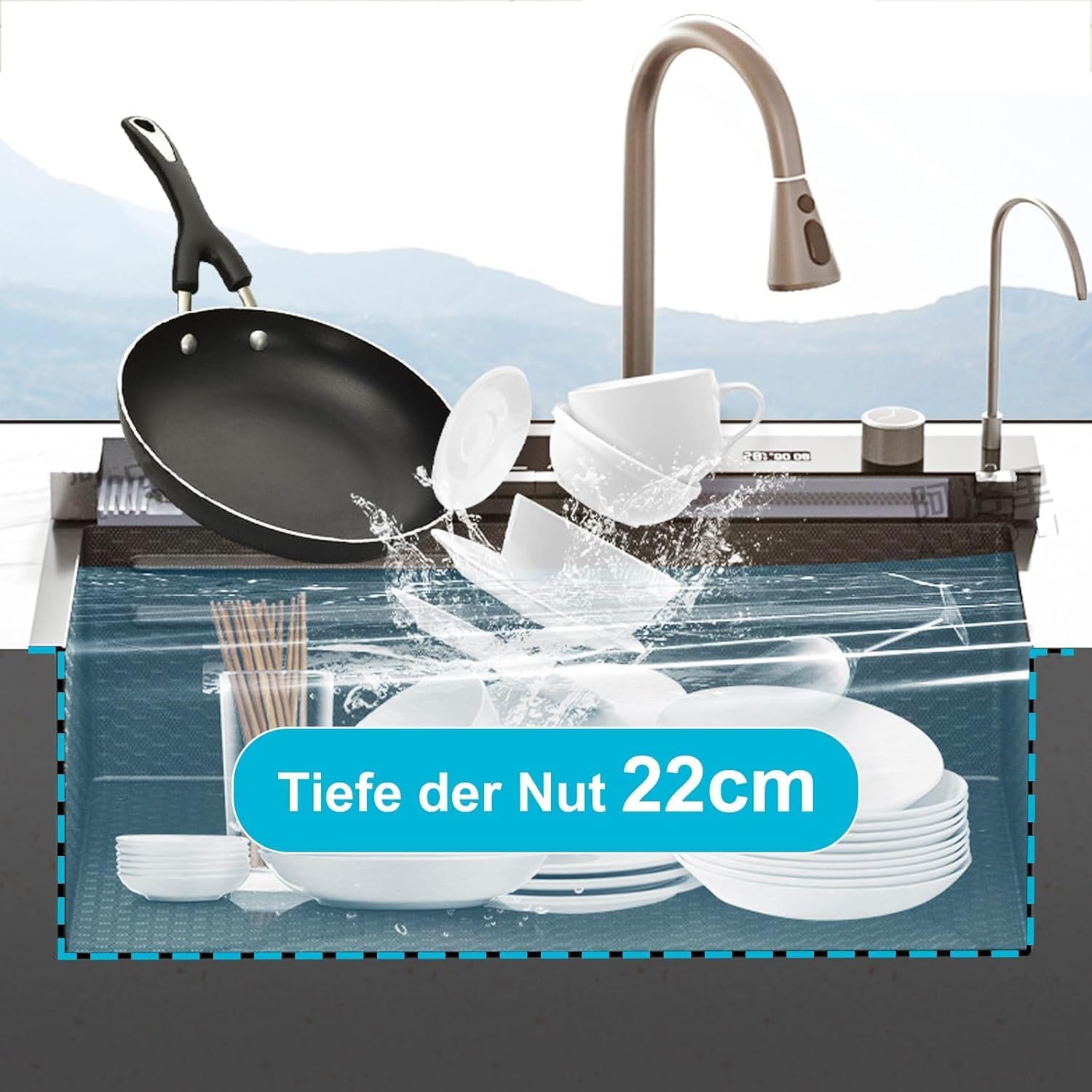 Fregadero De Cocina De Lujo Acero Inoxidable De Una Tarja 304 negro Fregadero de cascada Cascadas gemelas Con lavavasos y grifo Con lavavasos、grifo、tabla de cortar、escurridor