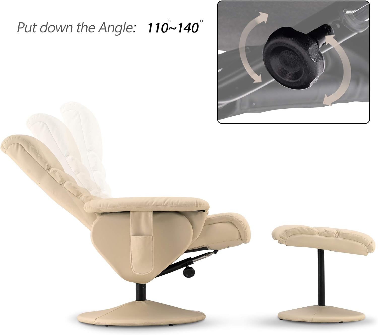 Silla reclinable con otomana, silla reclinable con masaje, silla giratoria de 360 años, piel sintética 7902 (blanco crema)
