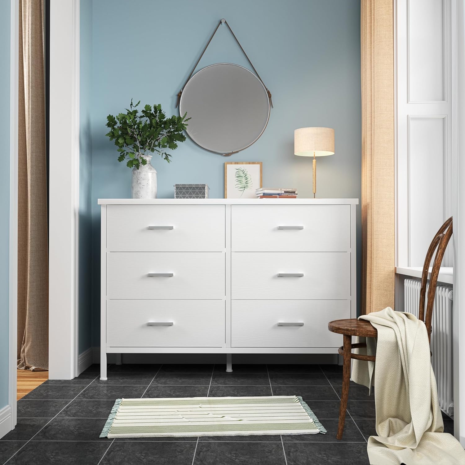 BOLUO - Cómoda blanca para recámara, 6 cajones, soporte de TV ancho para cambiador de TV de 50 pulgadas y cajones de tela para clóset moderno