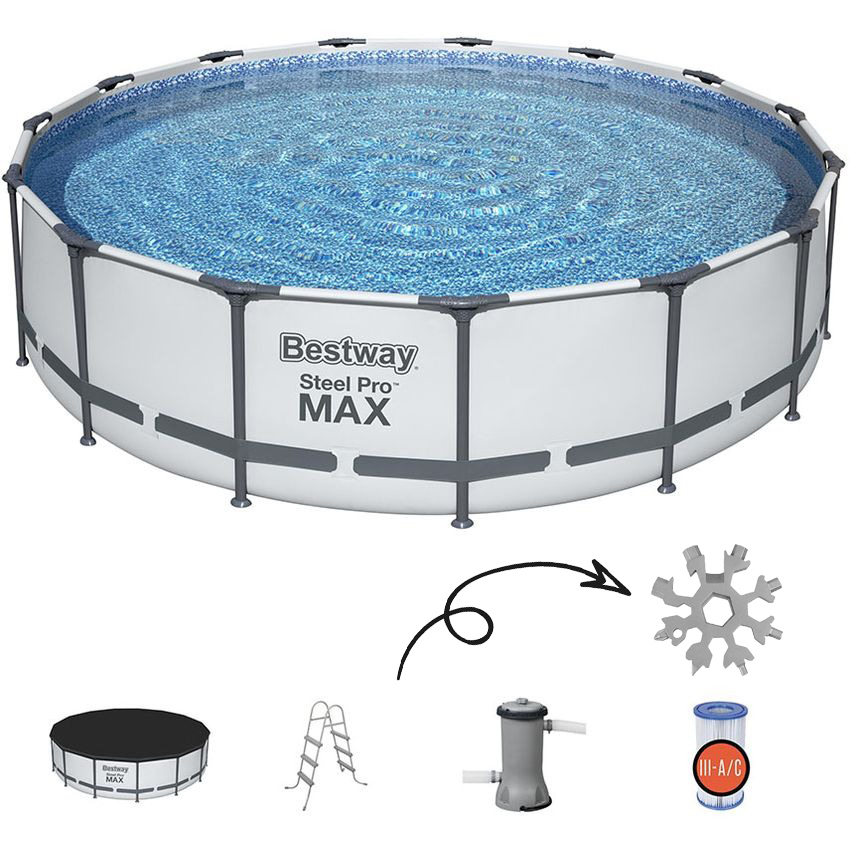 Piscina Bestway 56686 de estructura redonda, capacidad 14970 litros, largo 4,57m x ancho 4,57m, diámetro 4,57m