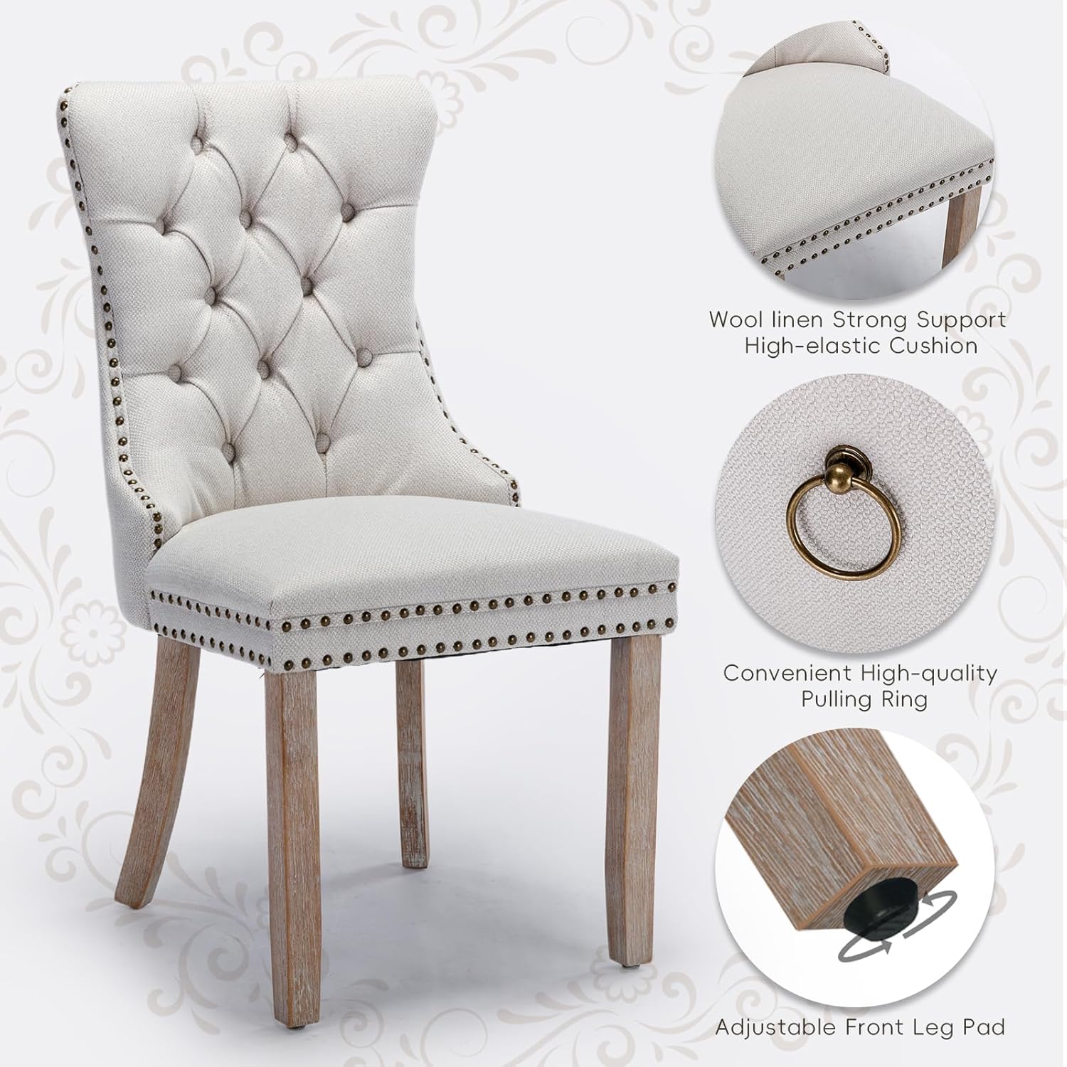 Juego de 6 sillas de comedor tapizadas de piel, estilo moderno, con ribete de cabeza de clavo y pata de madera, anillo de metal para comedor y sala de estar (blanco y negro, juego de 6)