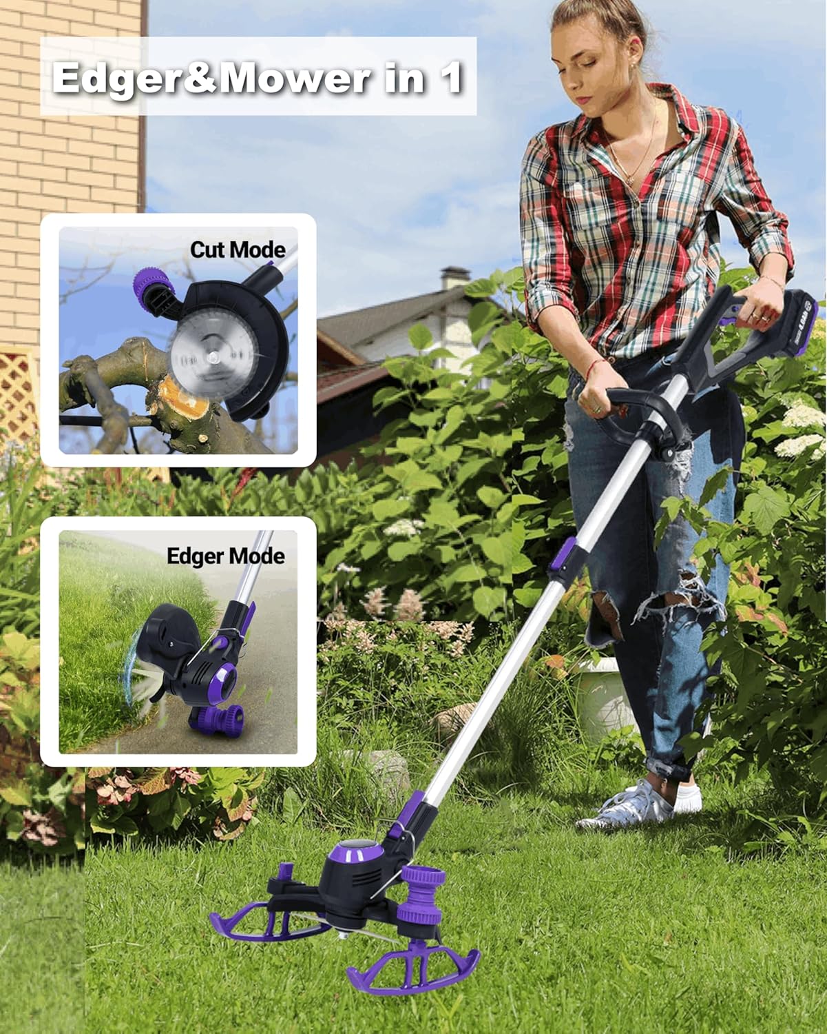 Weed Wacker inalámbrico, 20 V máx. x 4.0 Ah funciona con batería, tiempo de ejecución 75-100 minutos, peso solo 5 libras, cortacésped en 1 (con batería de 4.0 Ah)