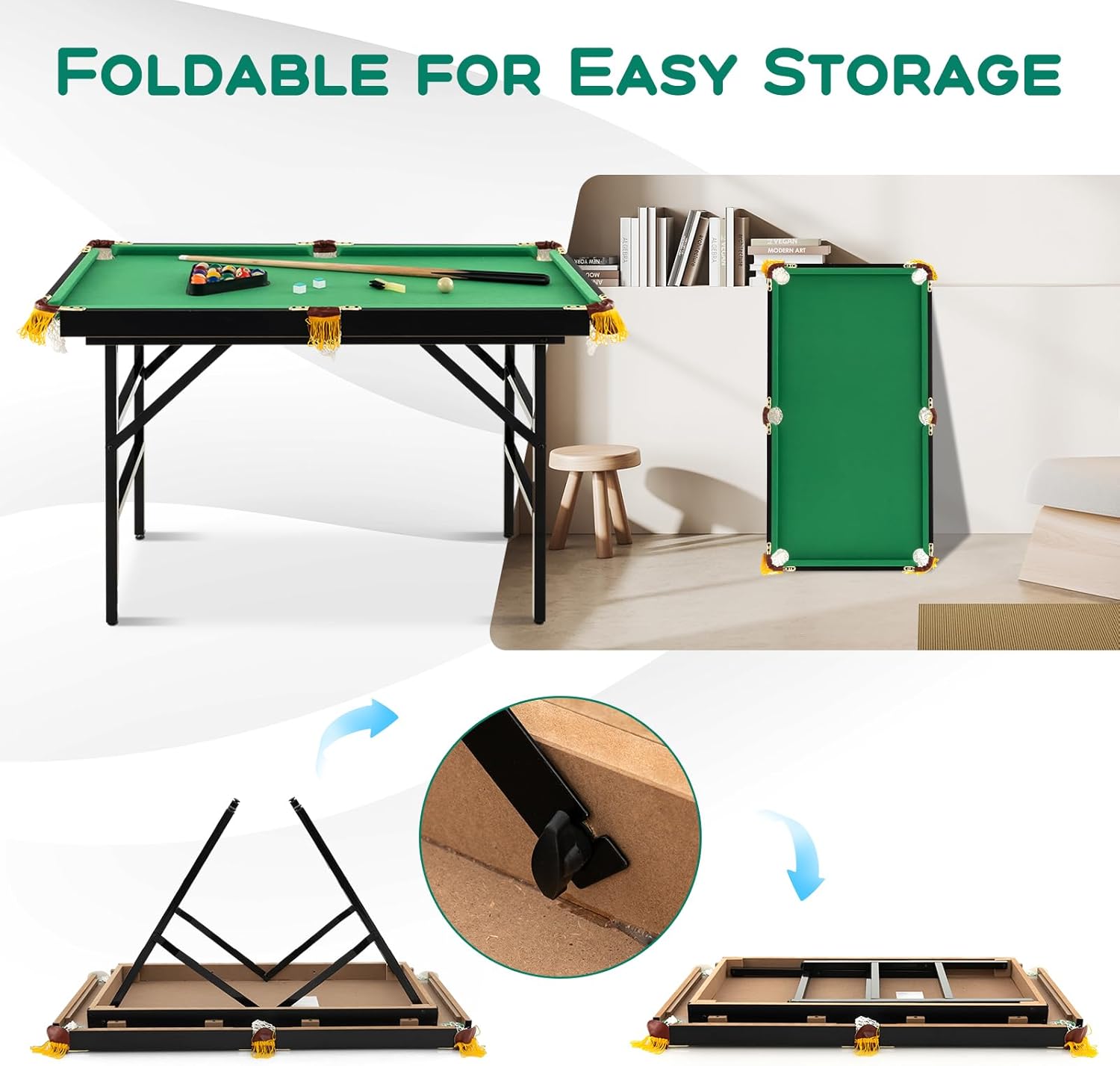Costzon Mesa de Billar Plegable de 47 Pulgadas, Incluye Bolas, Tacos, Triángulo, Tiza, Cepillo para Polvo, Ideal para Niños y Familias (Negro y Verde)
