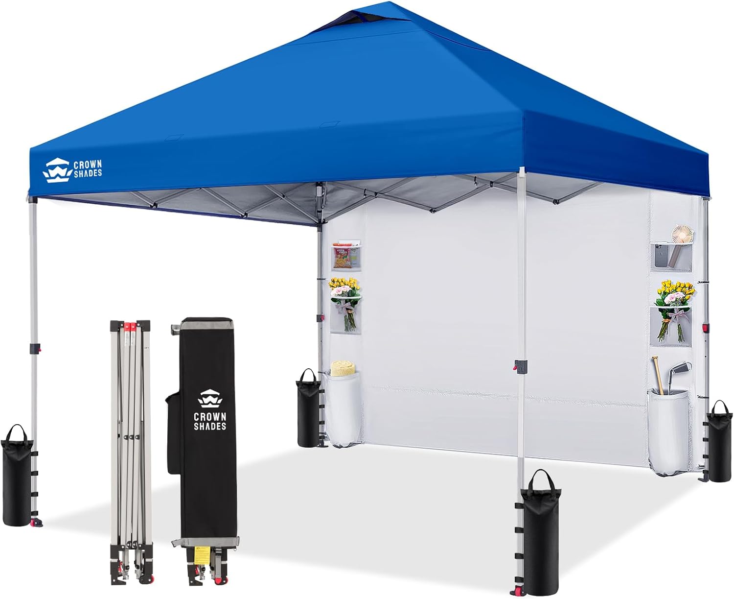 Crown Shades Tienda de campaña con toldo, 3 x 3 m, portátil, refugio para exteriores con pared lateral de bolsillo, bloqueo central con empuje, protección ultravioleta, bolsa de transporte, azul