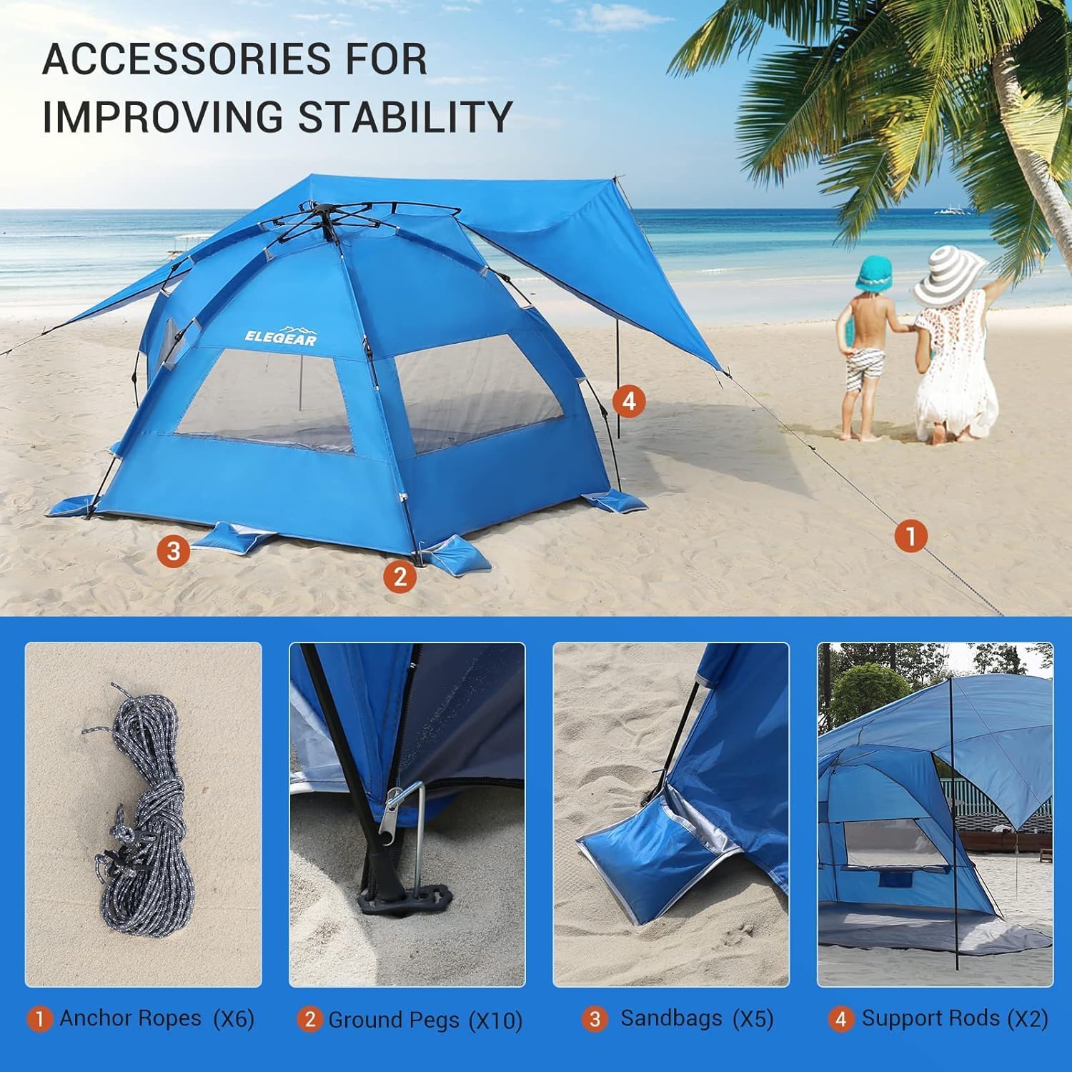 Elegear Tienda para Playa con UPF 50+ Refugio Solar de Playa Ligero, Instantáneo Portátil Carpa para Playa Camping, Tienda Sombra con Cremallera Extendida para Camping de Playa, Azul