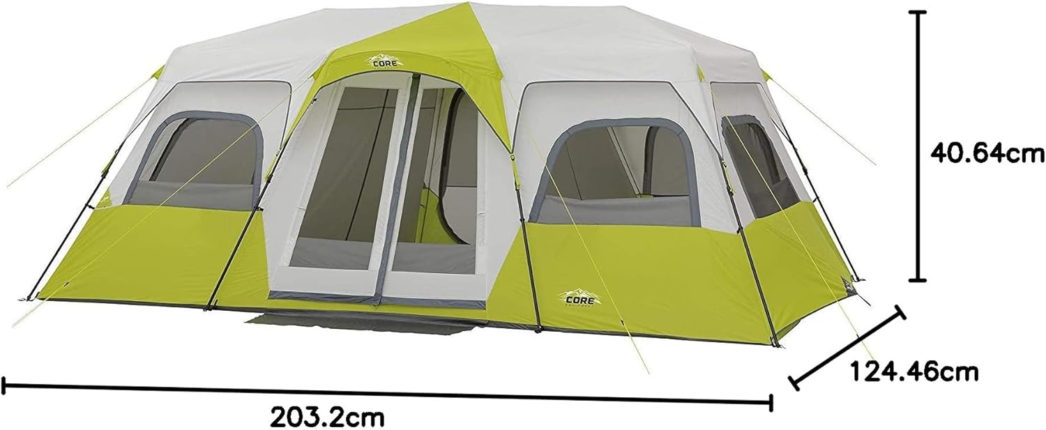 CORE - Tienda de campaña instantánea para 12 personas | Tienda de campaña enorme de 3 habitaciones para familia con bolsillos de almacenamiento para accesorios de camping, tienda de campaña grande