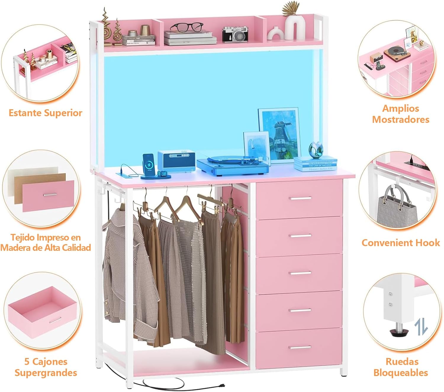 Comoda Cajonera para Recamara,Cómoda con Percheros Integrados de 5 Niveles,180x100x40 cm, Armario Multifuncional con Luces RGB, 3 Enchufes + 2 USB y Control Remoto (Rosa)
