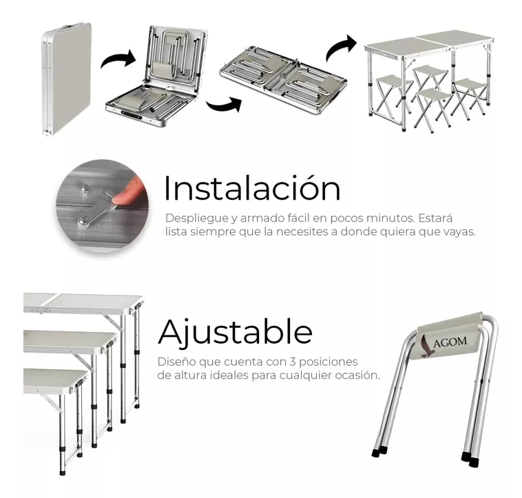 Mesa De Aluminio Plegable Lagom 120*60*70cm Ligero Con Superficie De Melamina Mdf Resistente De Fuego Diseño De Camping Tres Alturas Ajustable Antideslizante Pestillo De Seguridad Para Picnic Barbacoa