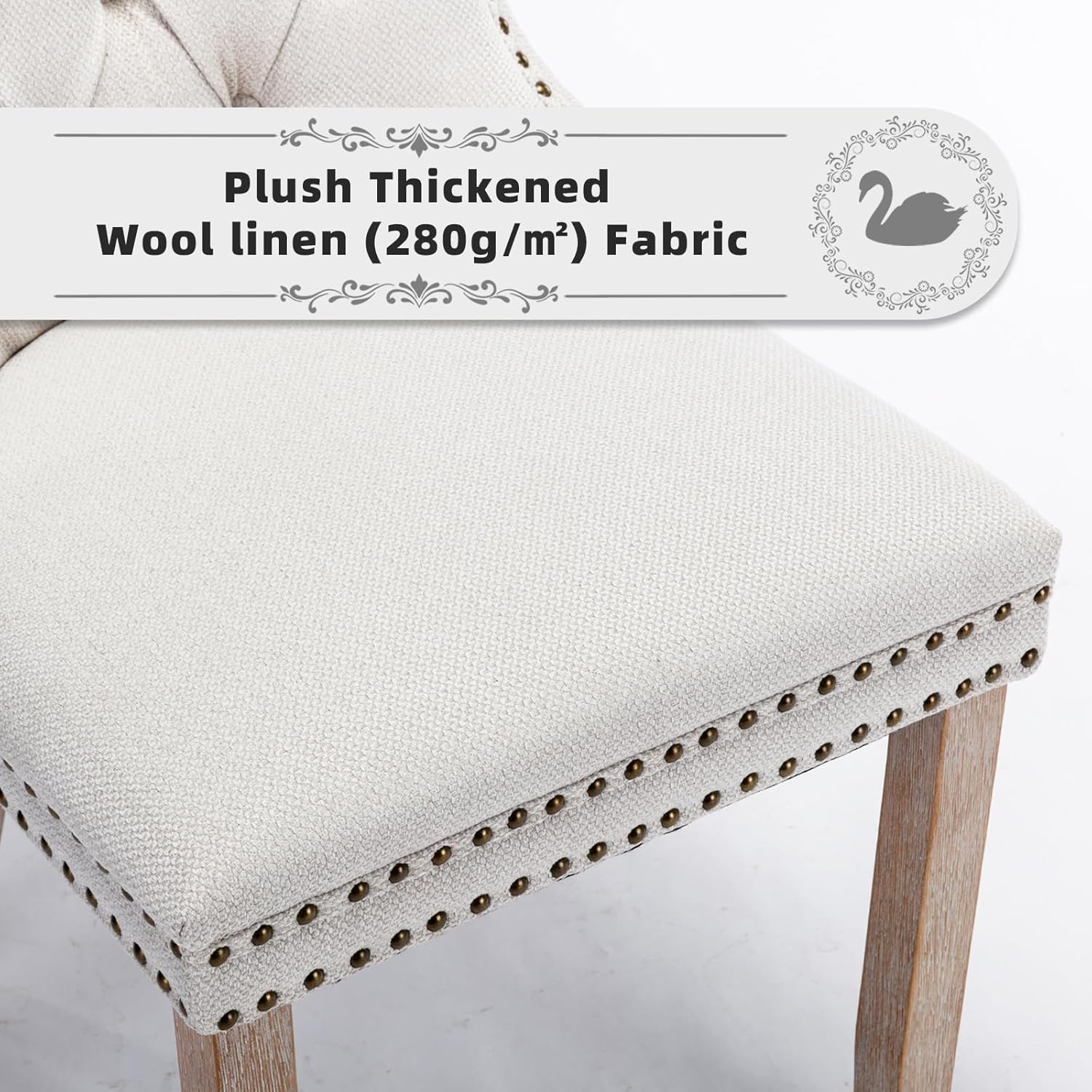 Juego de 6 sillas de comedor tapizadas de piel, estilo moderno, con ribete de cabeza de clavo y pata de madera, anillo de metal para comedor y sala de estar (blanco y negro, juego de 6)